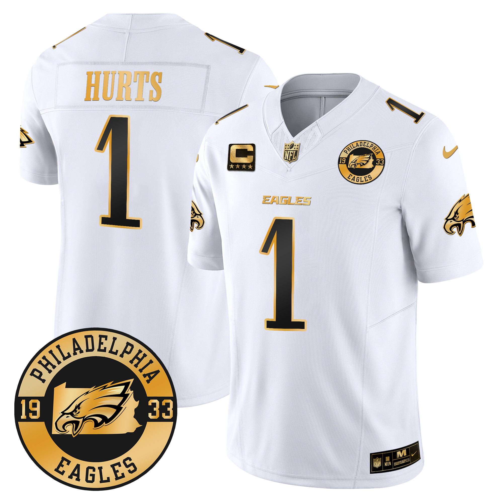 Men's Jalen Hurts Philadelphia Eagles 2024 Gold Vapor Limited White Gold Jersey - All Stitched