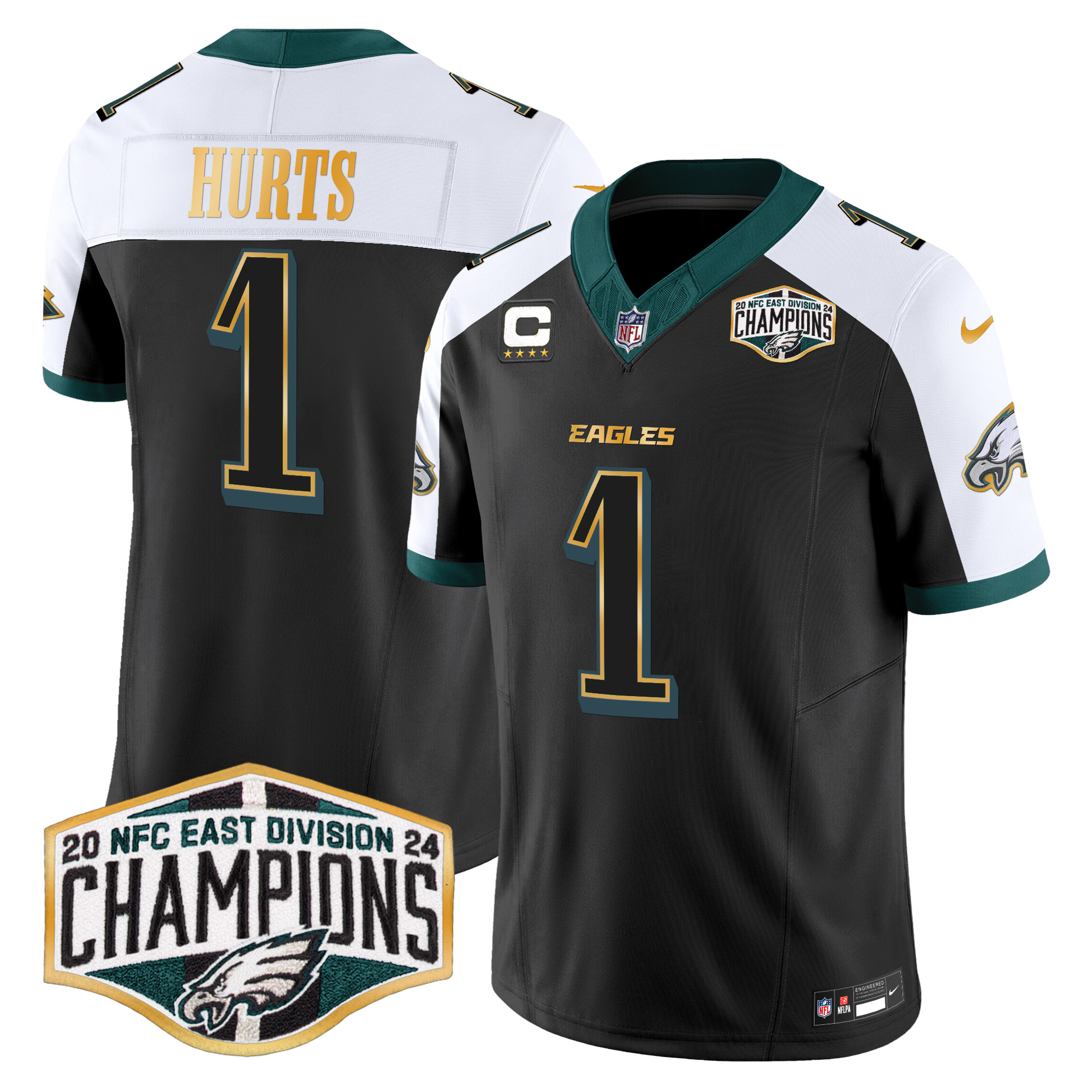 Men's Jalen Hurts Philadelphia Eagles 2024 NFC East Division Champions Gold Trim Vapor Limited Black Alternate Jersey - All Stitched