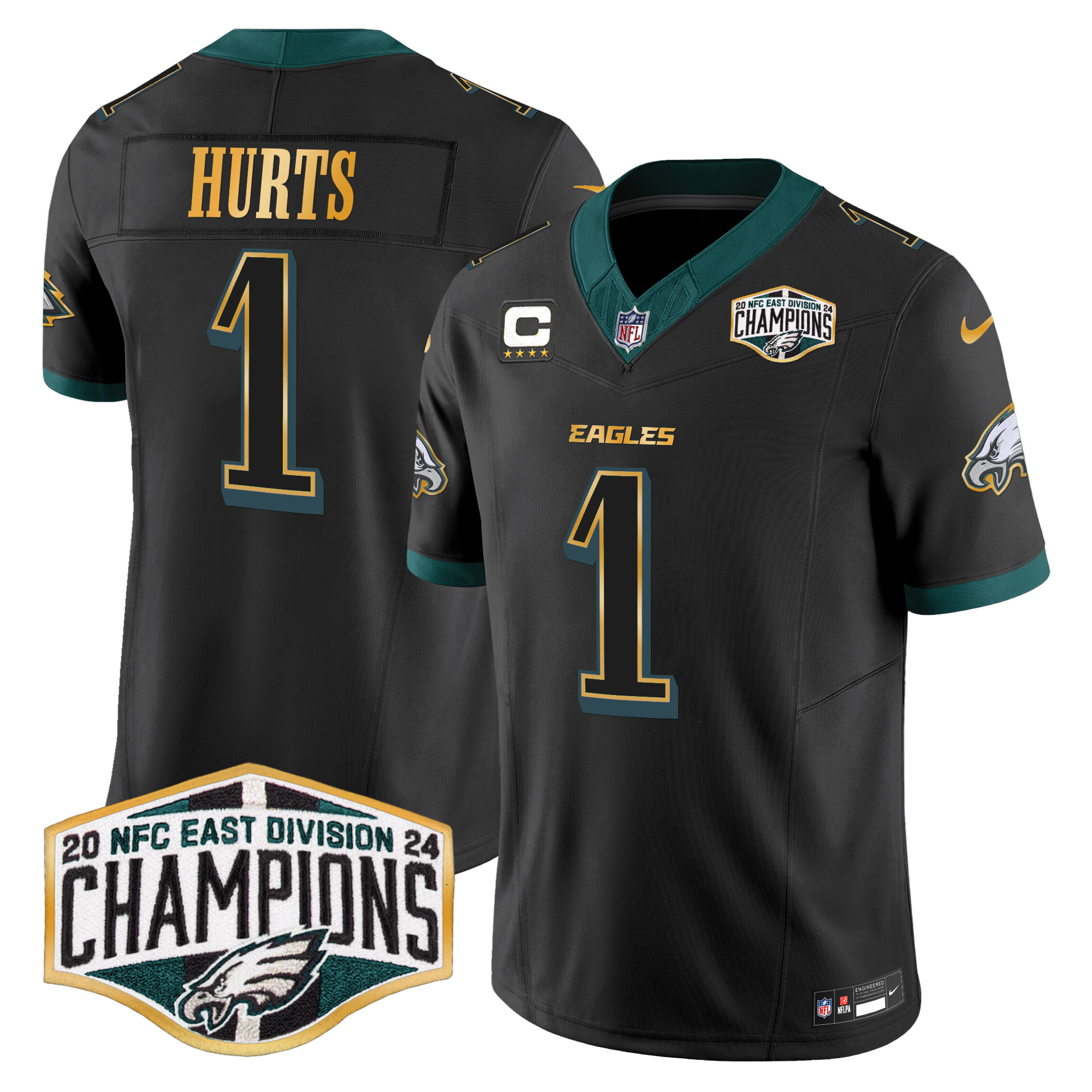 Men's Jalen Hurts Philadelphia Eagles 2024 NFC East Division Champions Gold Trim Vapor Limited Black Jersey - All Stitched