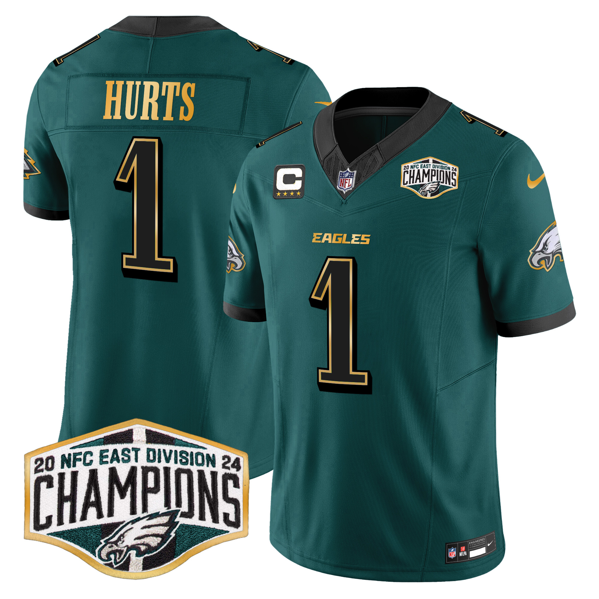 Men's Jalen Hurts Philadelphia Eagles 2024 NFC East Division Champions Gold Trim Vapor Limited Midnight Green Jersey - All Stitched