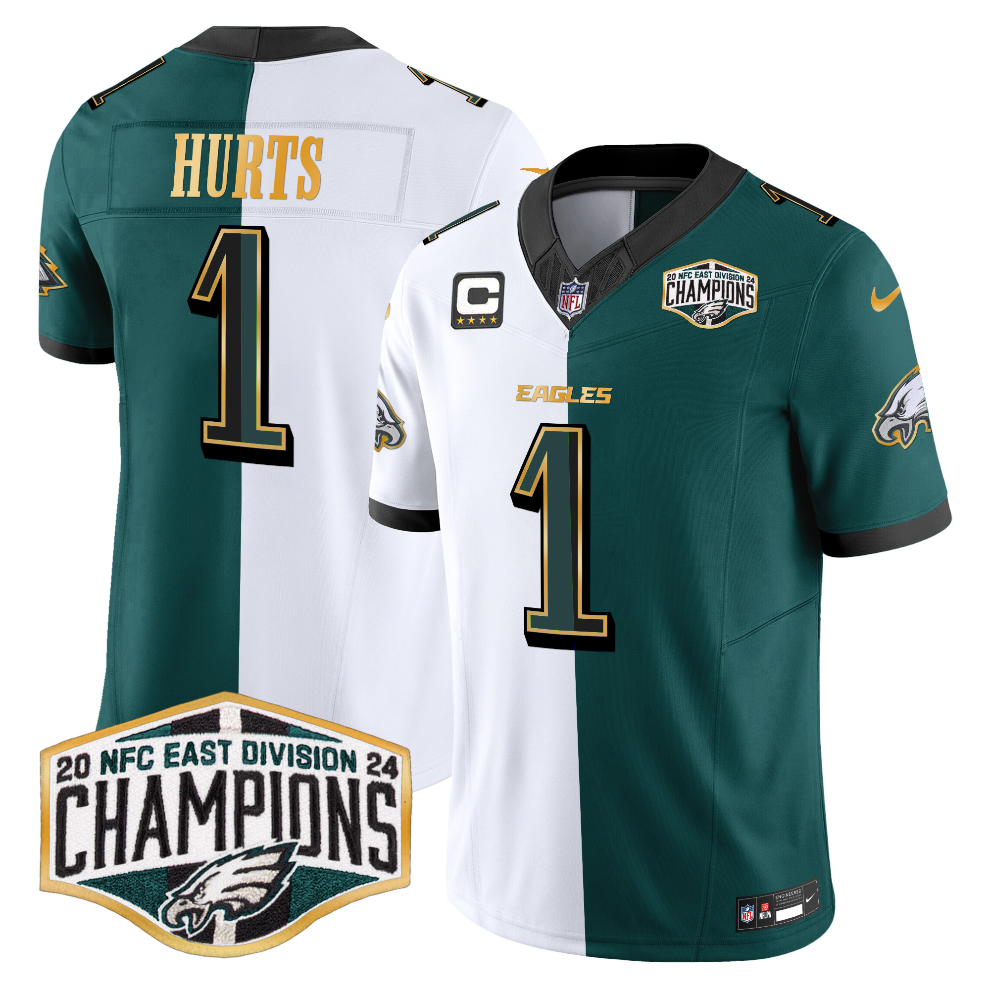 Men's Jalen Hurts Philadelphia Eagles 2024 NFC East Division Champions Gold Trim Vapor Limited Split Jersey - All Stitched