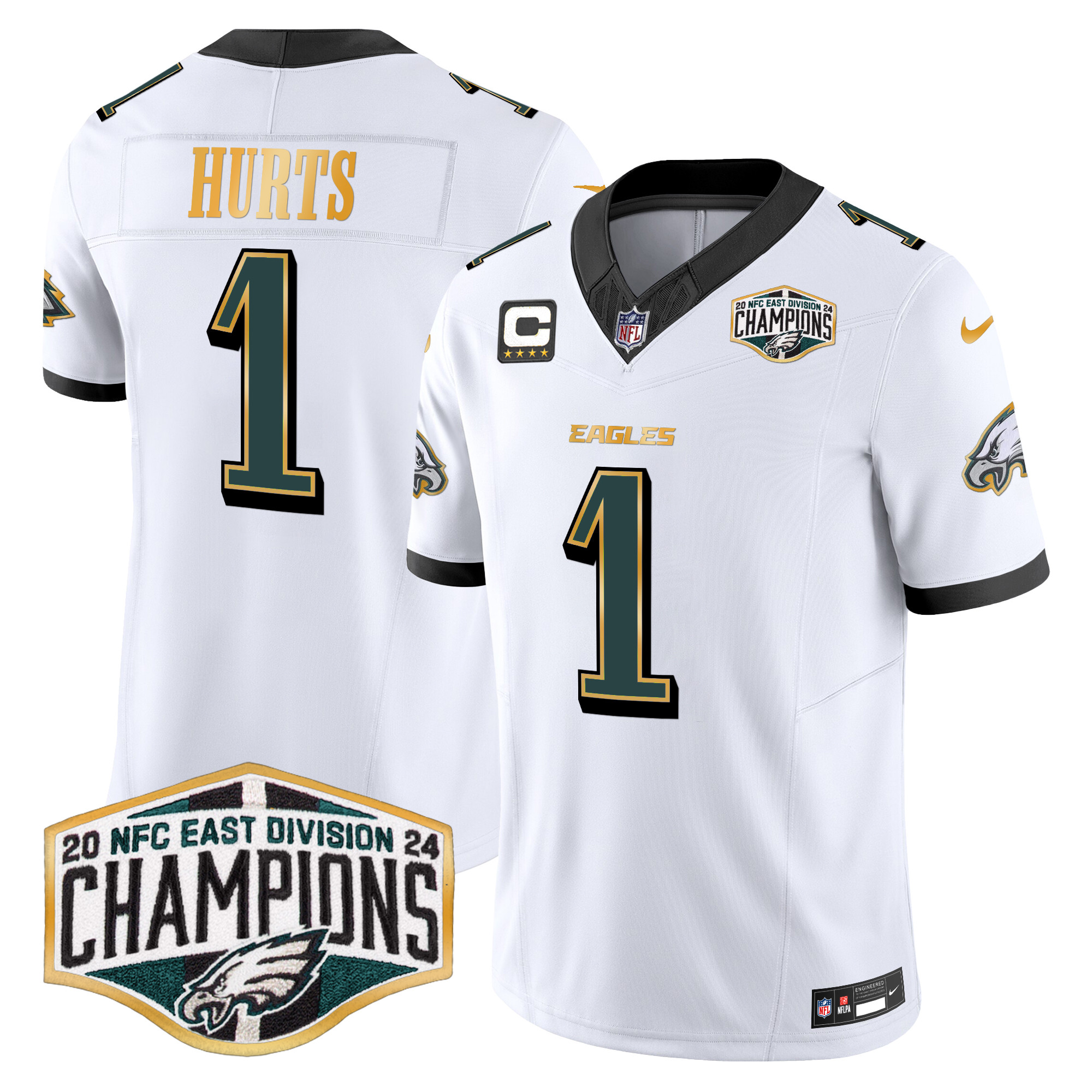 Men's Jalen Hurts Philadelphia Eagles 2024 NFC East Division Champions Gold Trim Vapor Limited White Jersey - All Stitched