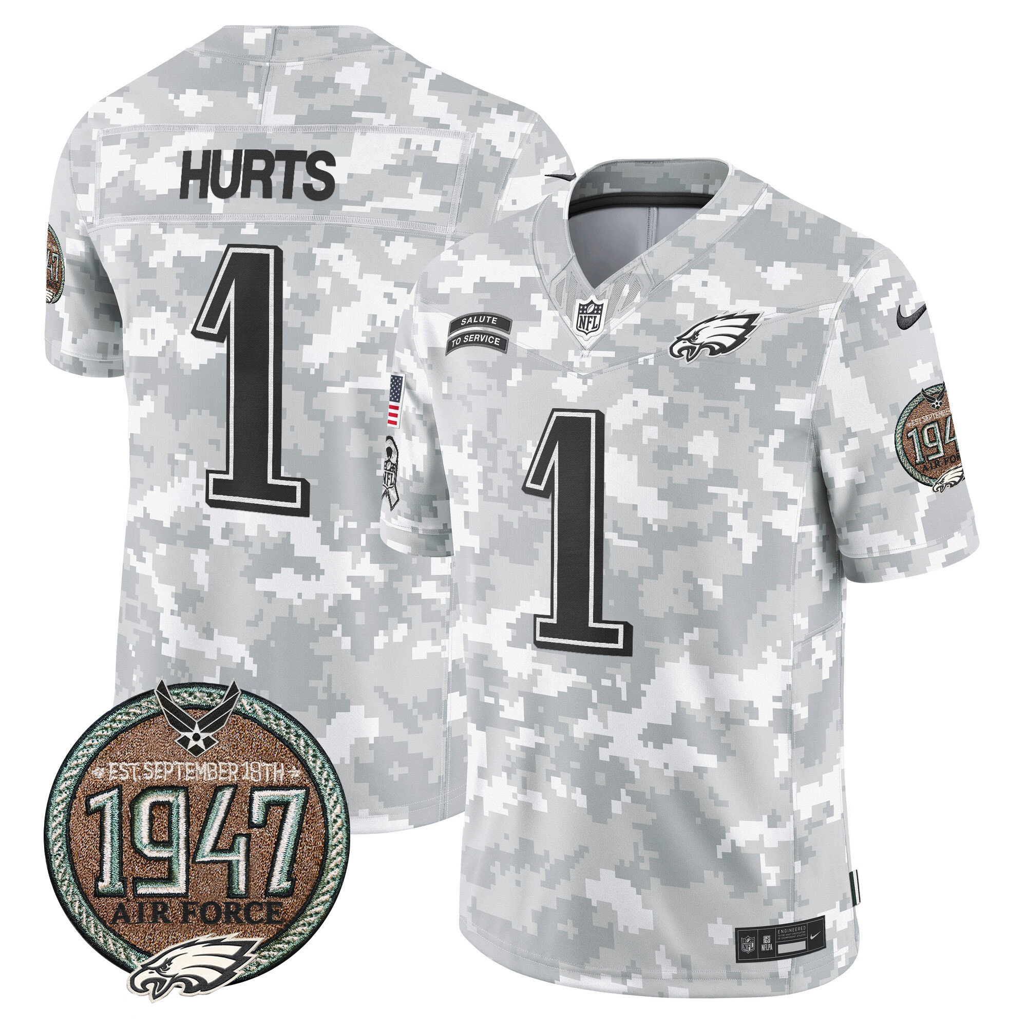 Men's Jalen Hurts Philadelphia Eagles 2024 Salute to Service Establishment Year Patch Vapor Limited Air Force Jersey - All Stitched