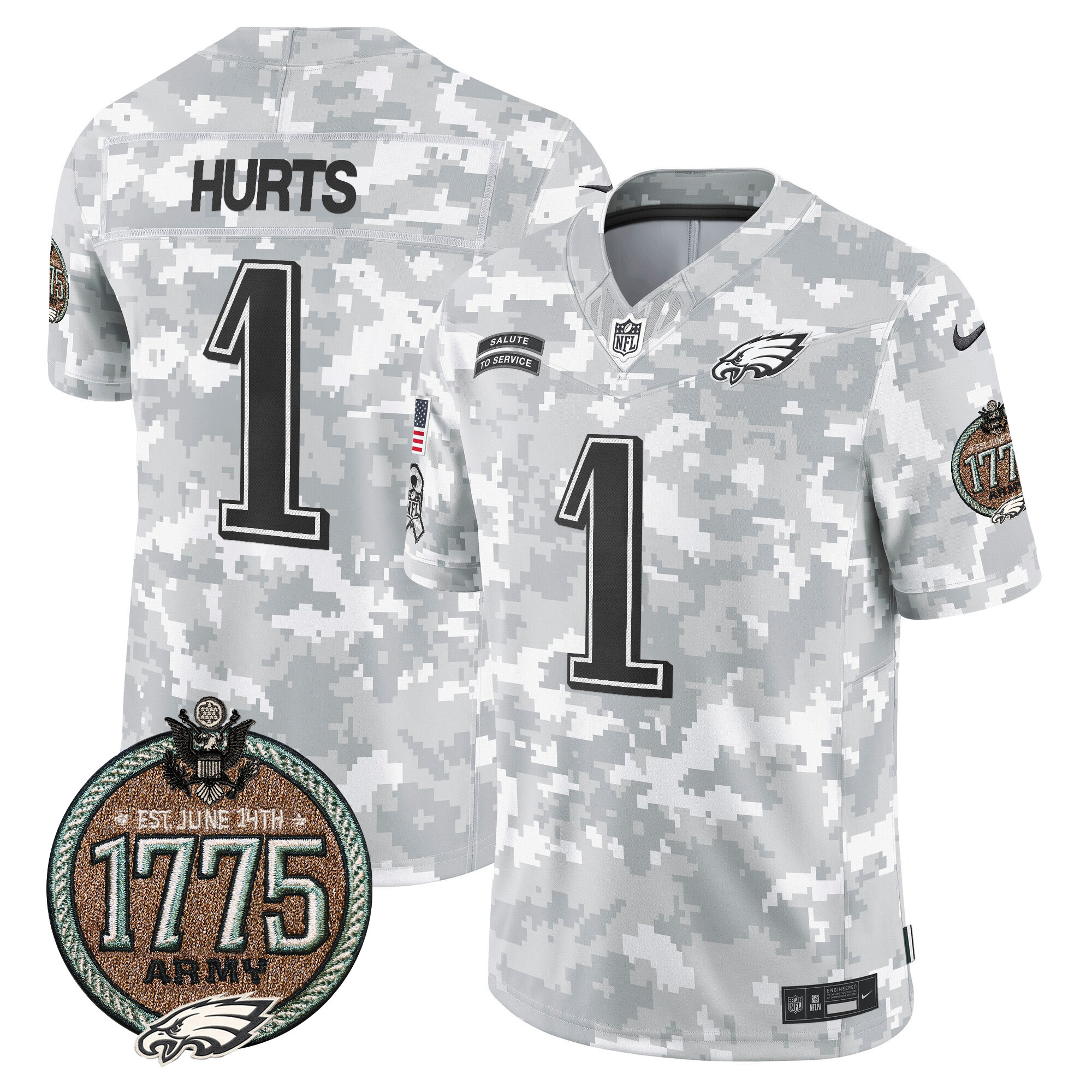 Men's Jalen Hurts Philadelphia Eagles 2024 Salute to Service Establishment Year Patch Vapor Limited Army Jersey - All Stitched