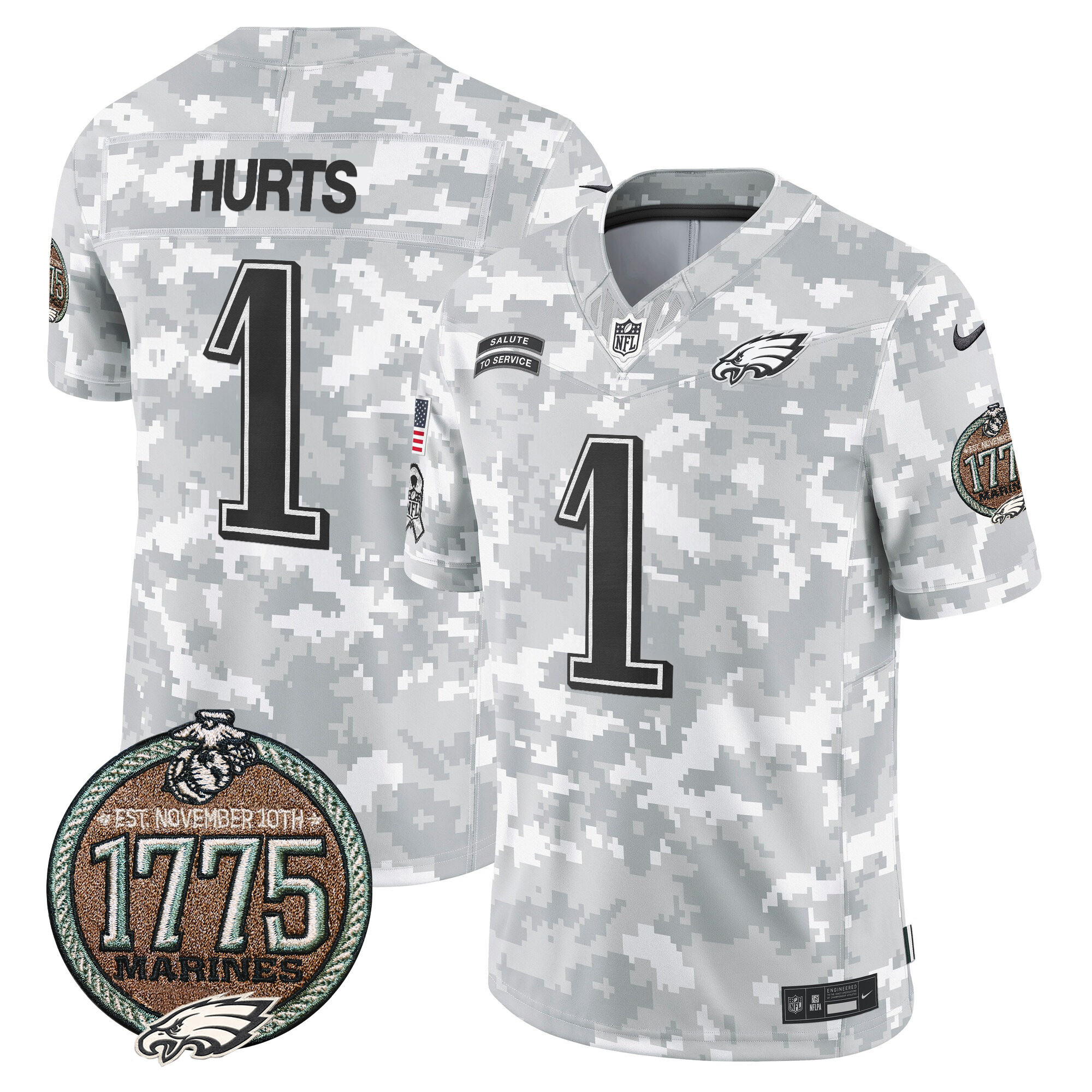 Men's Jalen Hurts Philadelphia Eagles 2024 Salute to Service Establishment Year Patch Vapor Limited Marines Jersey - All Stitched