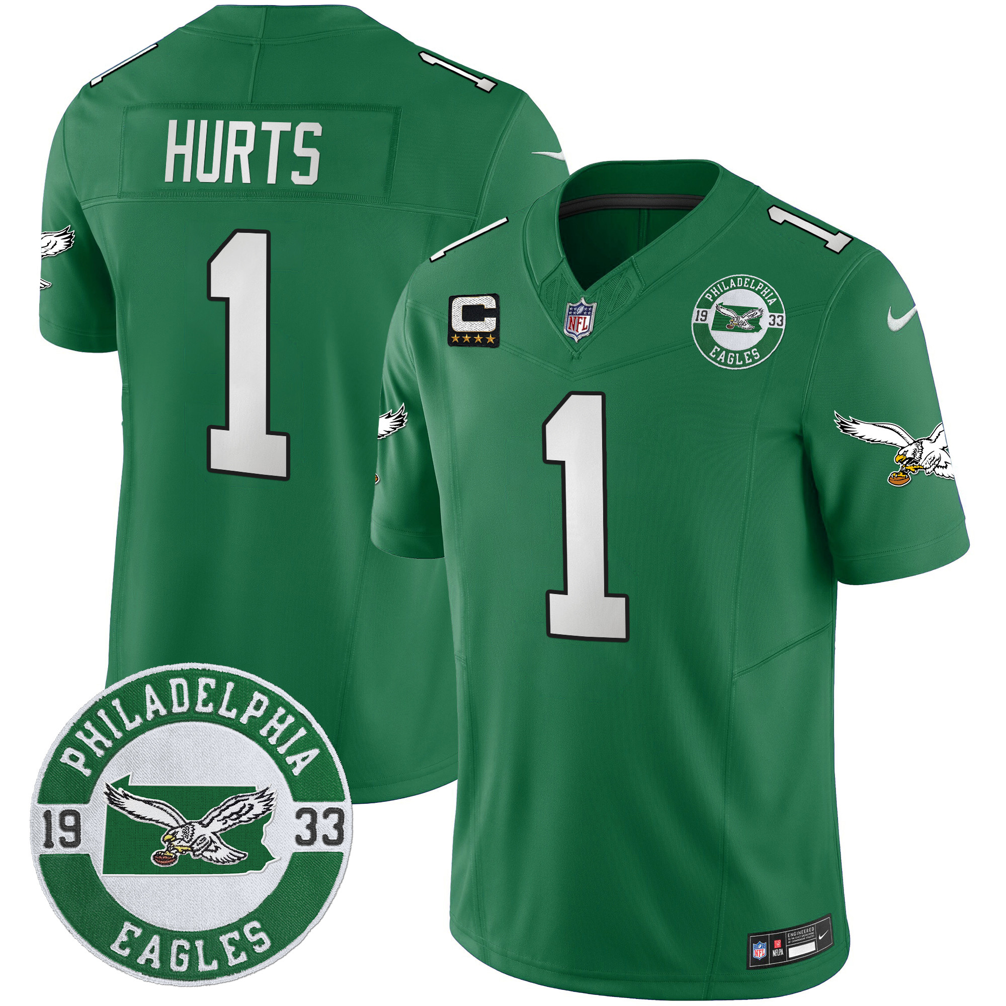 Men's Jalen Hurts Philadelphia Eagles 2024 Throwback Vapor Limited Kelly Green Jersey - All Stitched