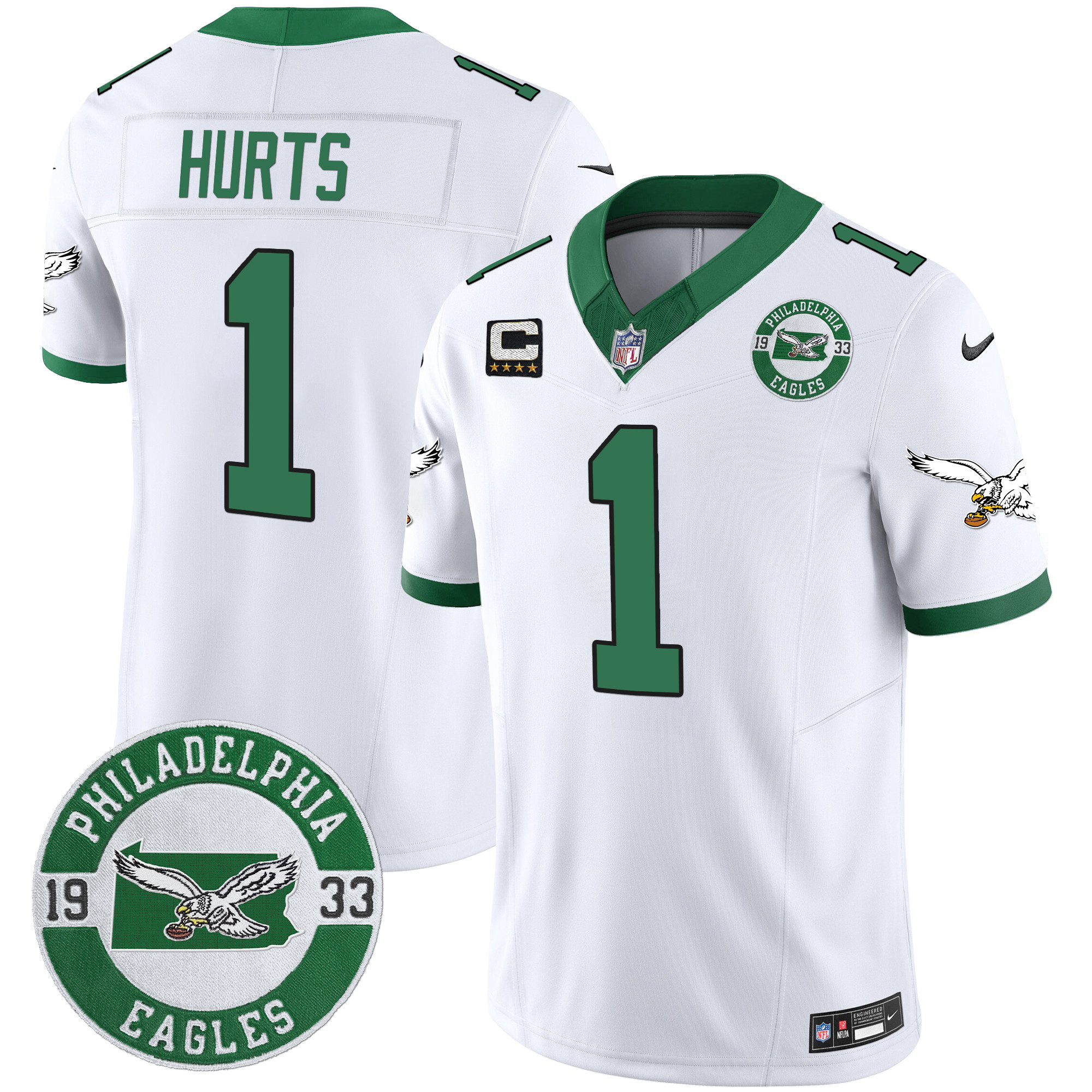 Men's Jalen Hurts Philadelphia Eagles 2024 Throwback Vapor Limited Kelly White Jersey - All Stitched