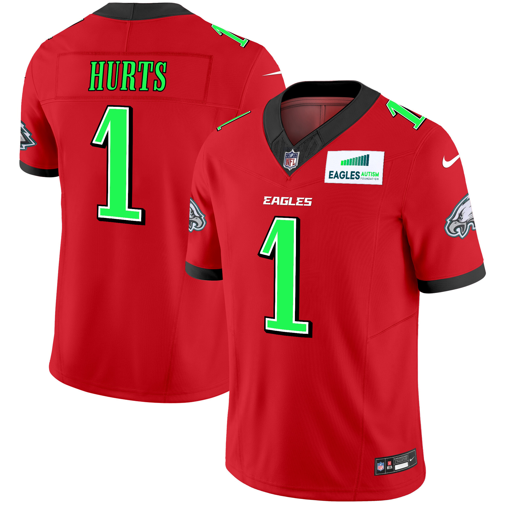 Men's Jalen Hurts Philadelphia Eagles Autism Foundation Patch Vapor Limited Red Jersey - All Stitched