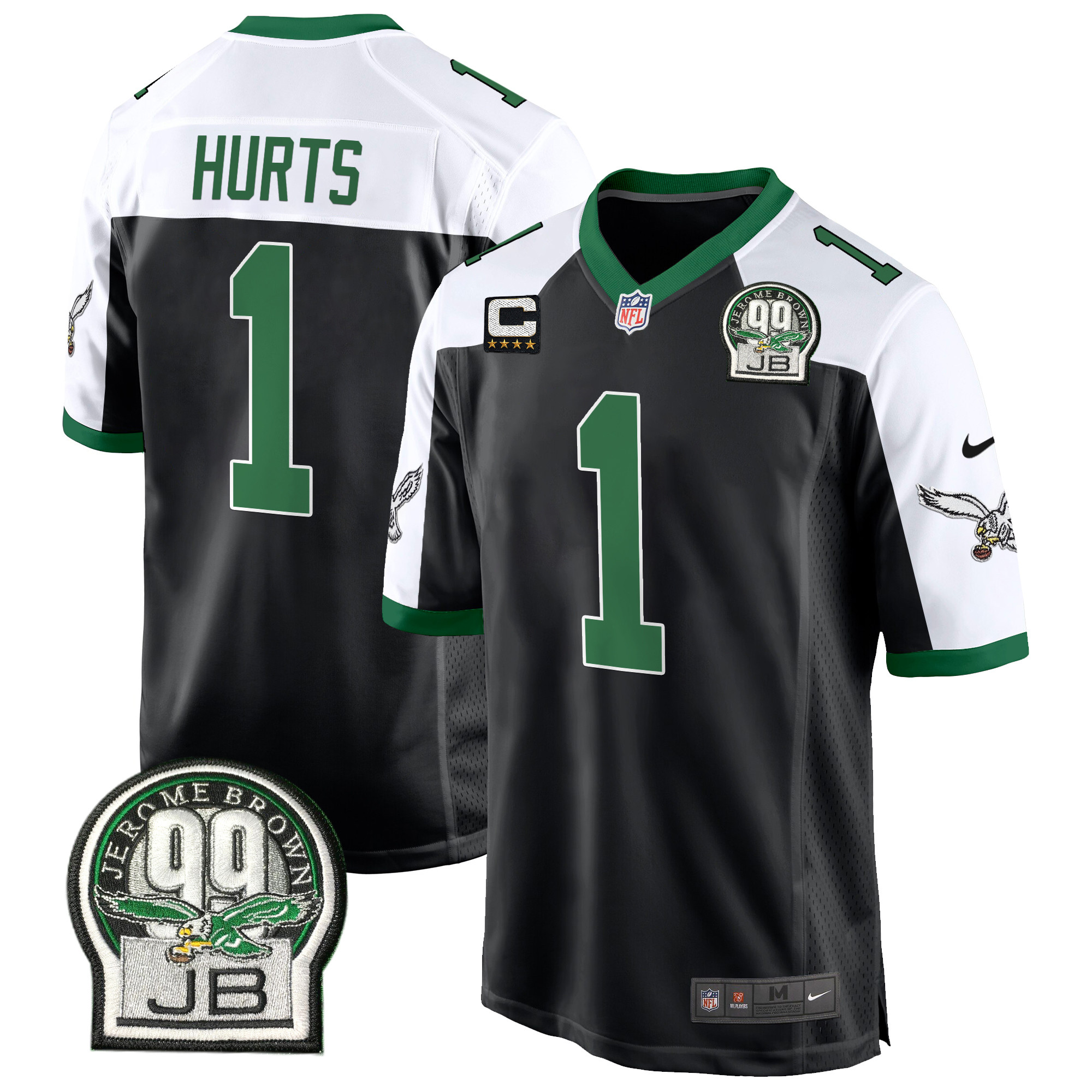 Men's Jalen Hurts Philadelphia Eagles Jerome Brown Patch Kelly Green Game Black Alternate Jersey - All Stitched