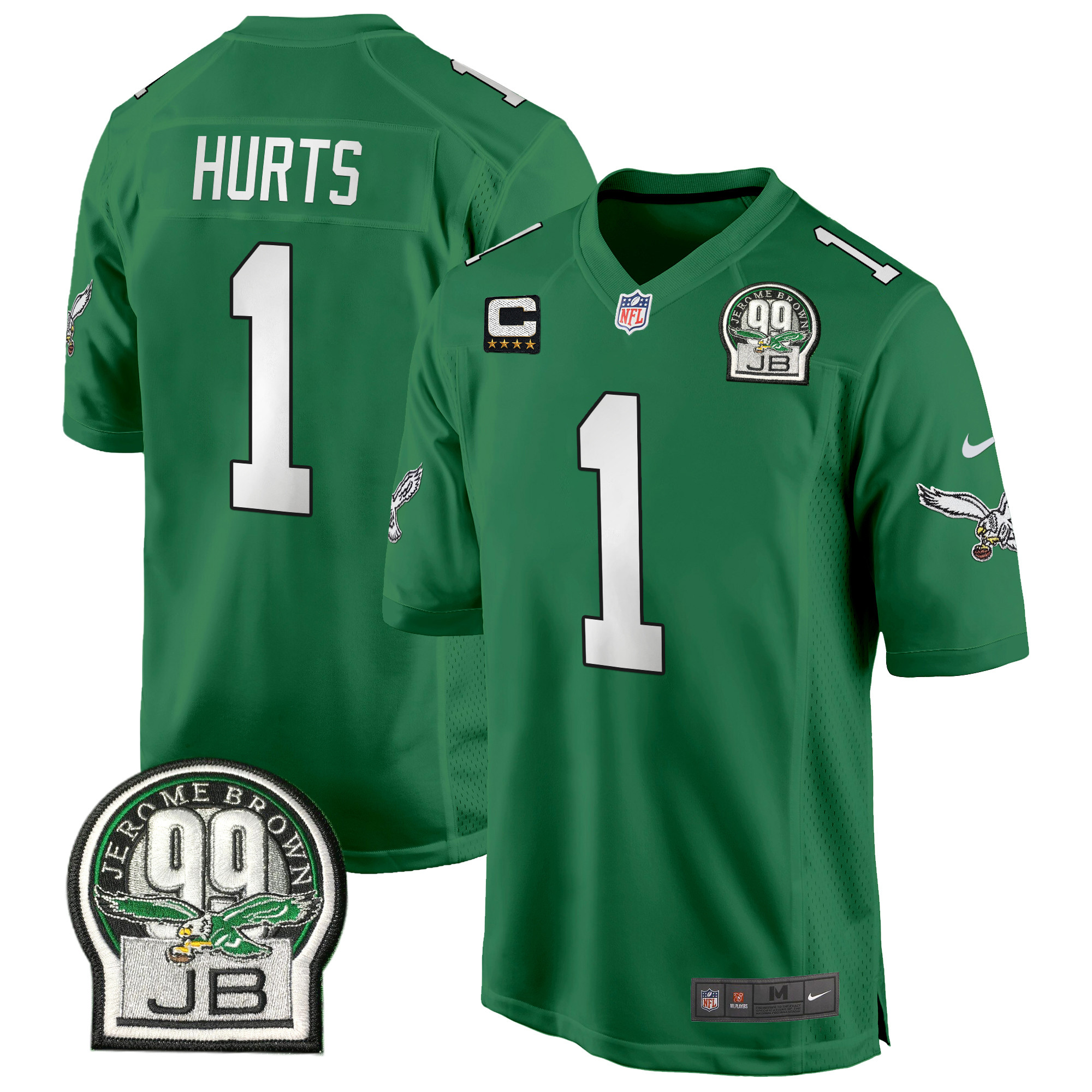 Men's Jalen Hurts Philadelphia Eagles Jerome Brown Patch Kelly Green Game Kelly Green Jersey - All Stitched