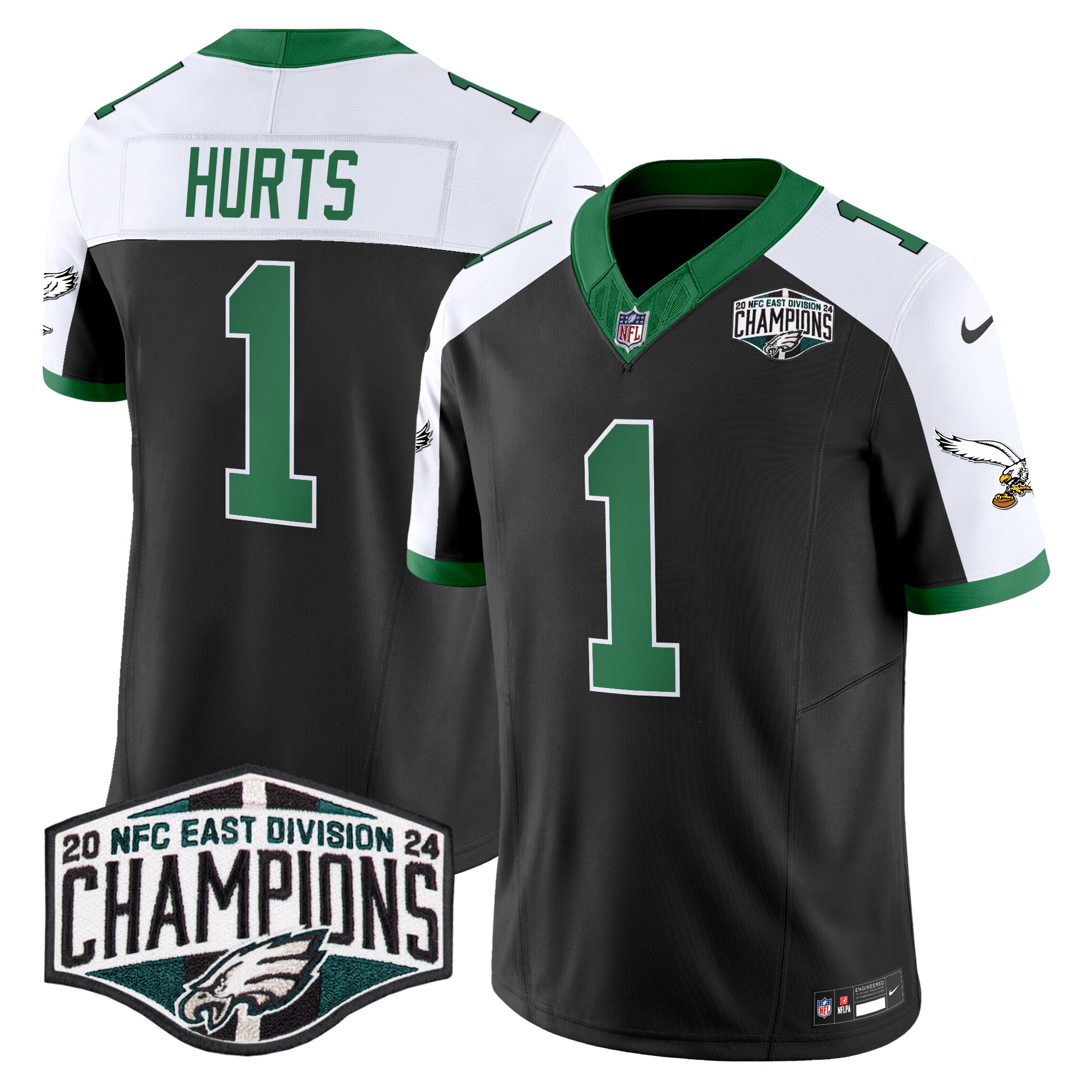 Men's Jalen Hurts Philadelphia Eagles Kelly Green 2024 NFC East Division Champions Vapor Limited Black Alternate Jersey - All Stitched