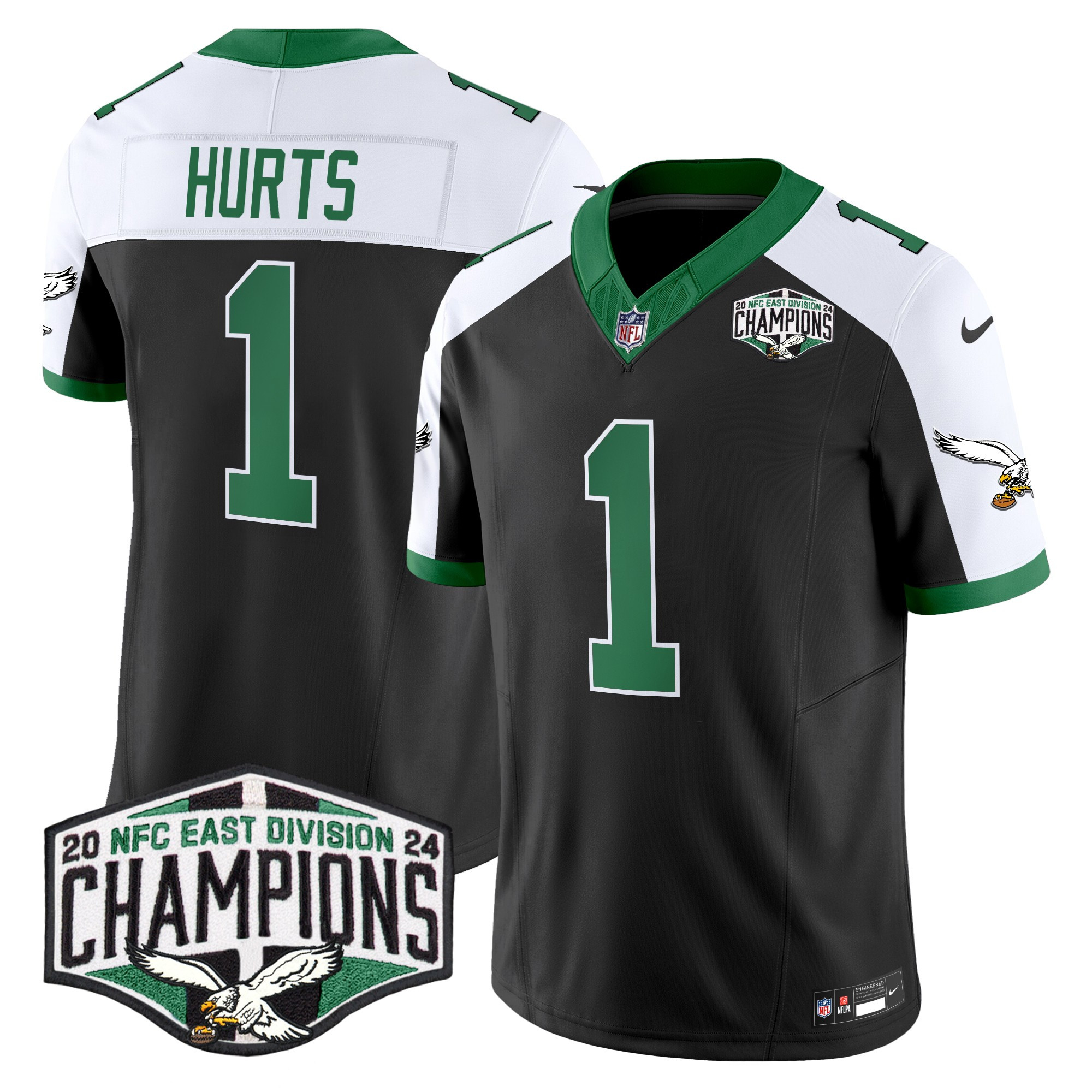 Men's Jalen Hurts Philadelphia Eagles Kelly Green 2024 NFC East Division Champions Vapor Limited Black Alternate Jersey - All Stitched