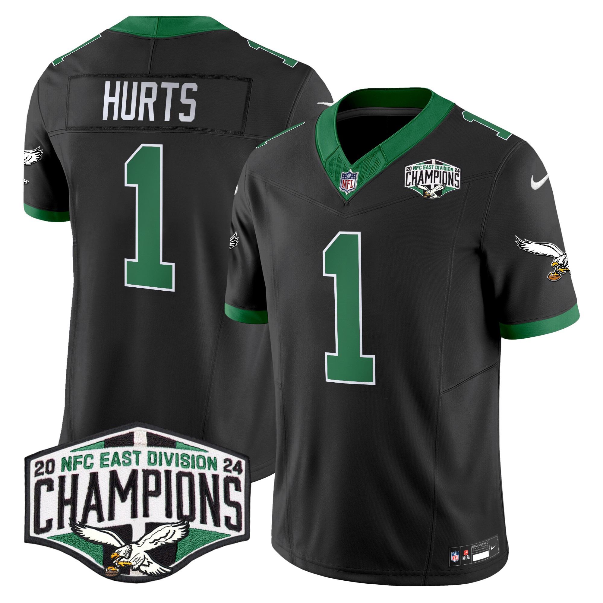 Men's Jalen Hurts Philadelphia Eagles Kelly Green 2024 NFC East Division Champions Vapor Limited Black Jersey - All Stitched