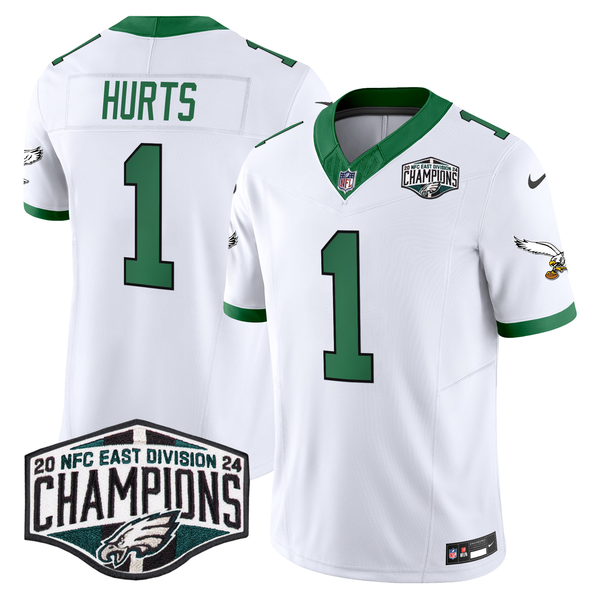Men's Jalen Hurts Philadelphia Eagles Kelly Green 2024 NFC East Division Champions Vapor Limited Kelly White Jersey - All Stitched