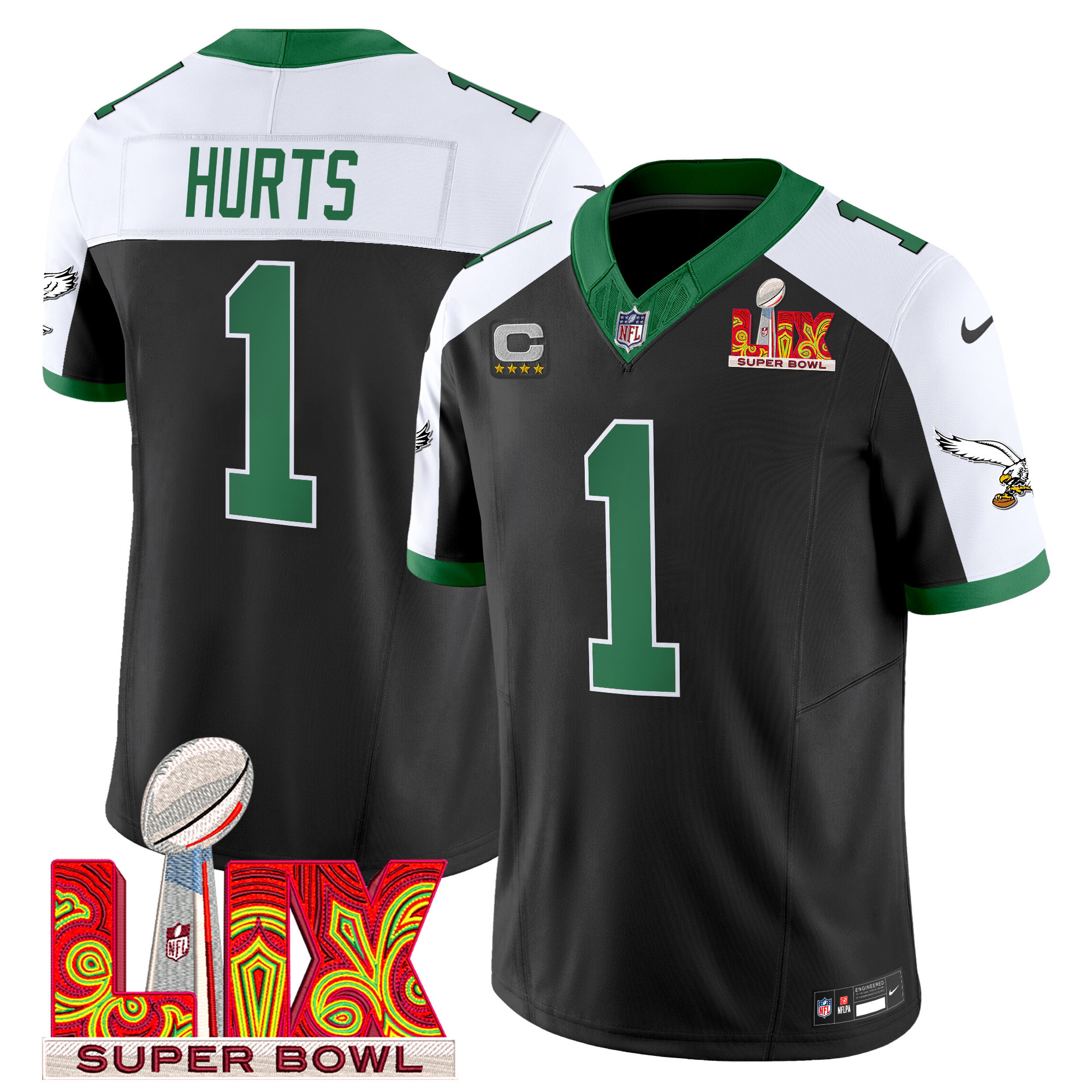 Men's Jalen Hurts Philadelphia Eagles Kelly Green Super Bowl LIX Patch Vapor Limited Black Alternate Jersey - All Stitched
