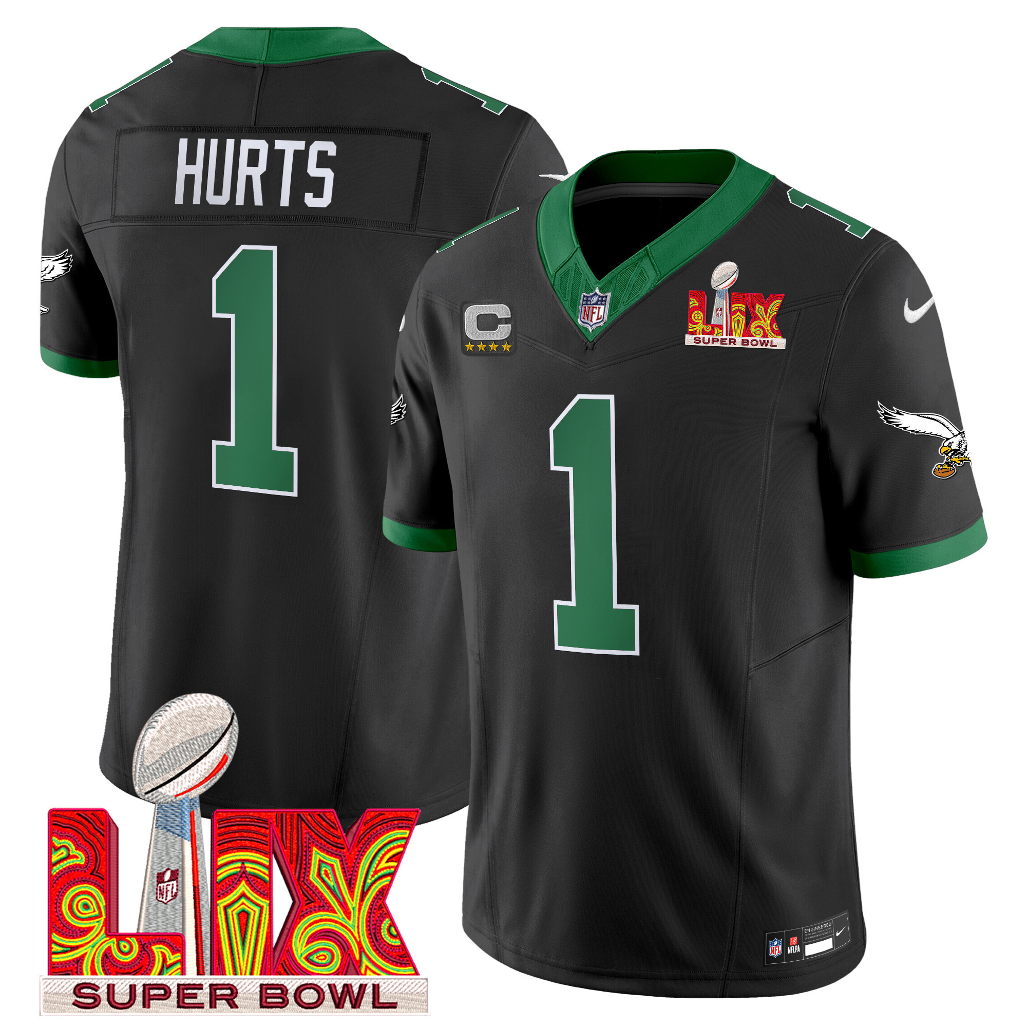 Men's Jalen Hurts Philadelphia Eagles Kelly Green Super Bowl LIX Patch Vapor Limited Black Jersey - All Stitched