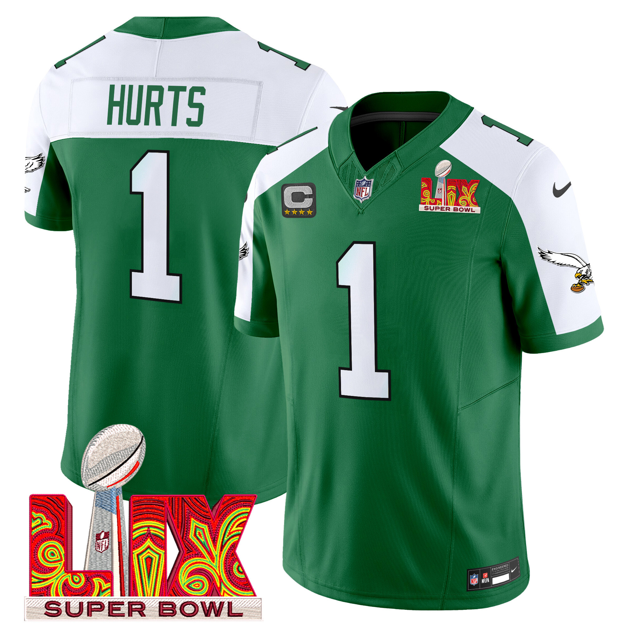 Men's Jalen Hurts Philadelphia Eagles Kelly Green Super Bowl LIX Patch Vapor Limited Kelly Alternate Jersey - All Stitched