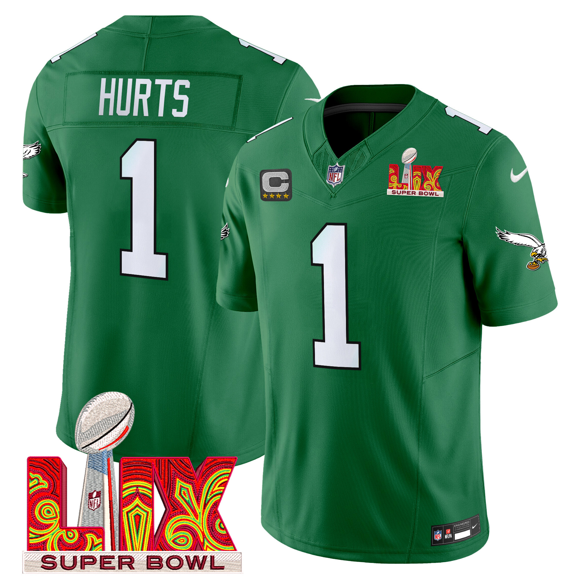 Men's Jalen Hurts Philadelphia Eagles Kelly Green Super Bowl LIX Patch Vapor Limited Kelly Green Jersey - All Stitched