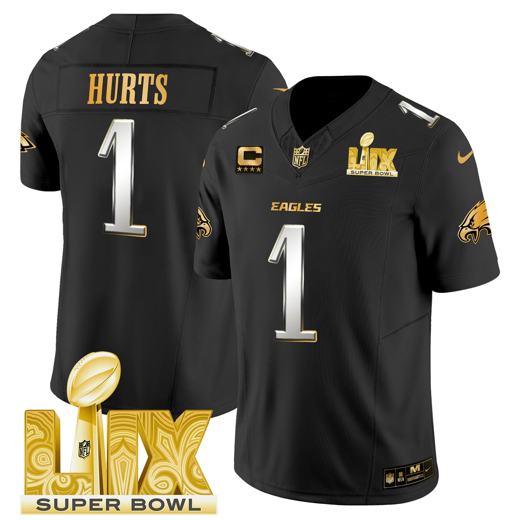 Men's Jalen Hurts Philadelphia Eagles Super Bowl LIX Patch Gold Vapor Limited Black Limited Jersey - All Stitched