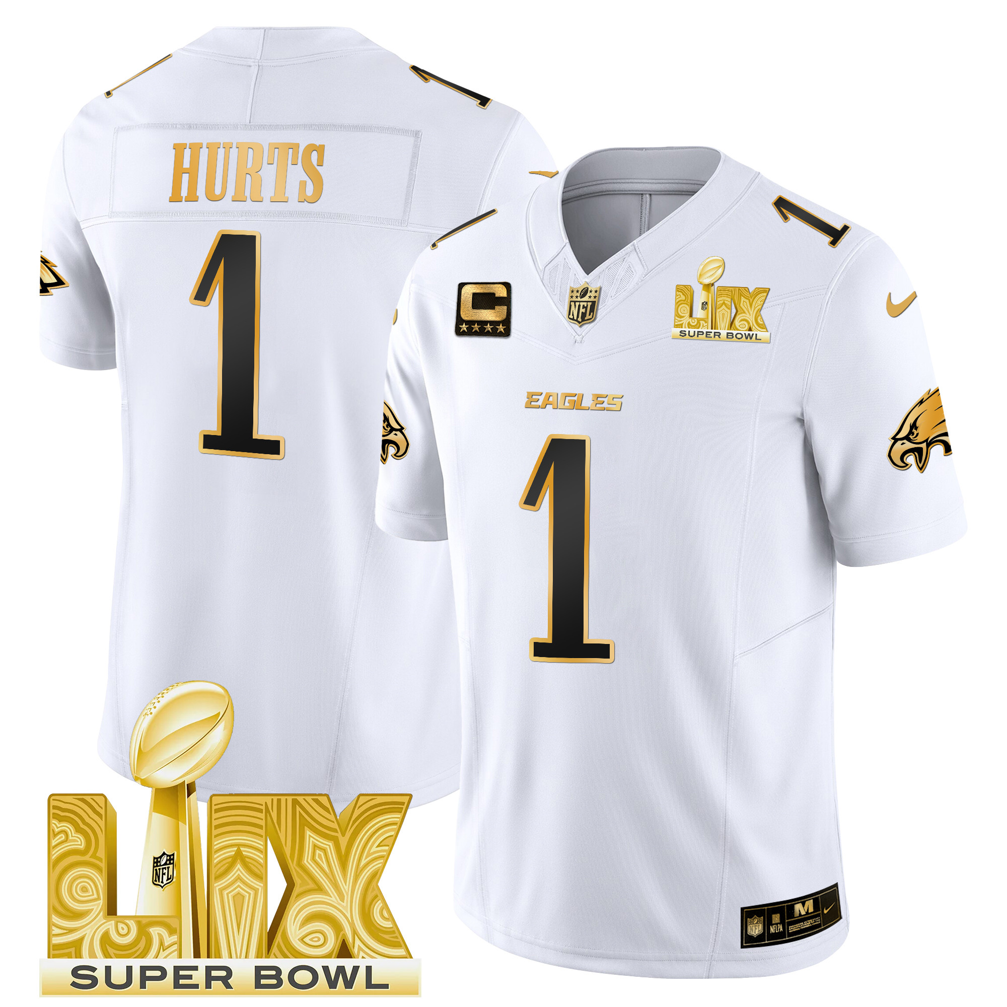 Men's Jalen Hurts Philadelphia Eagles Super Bowl LIX Patch Gold Vapor Limited White Gold Jersey - All Stitched