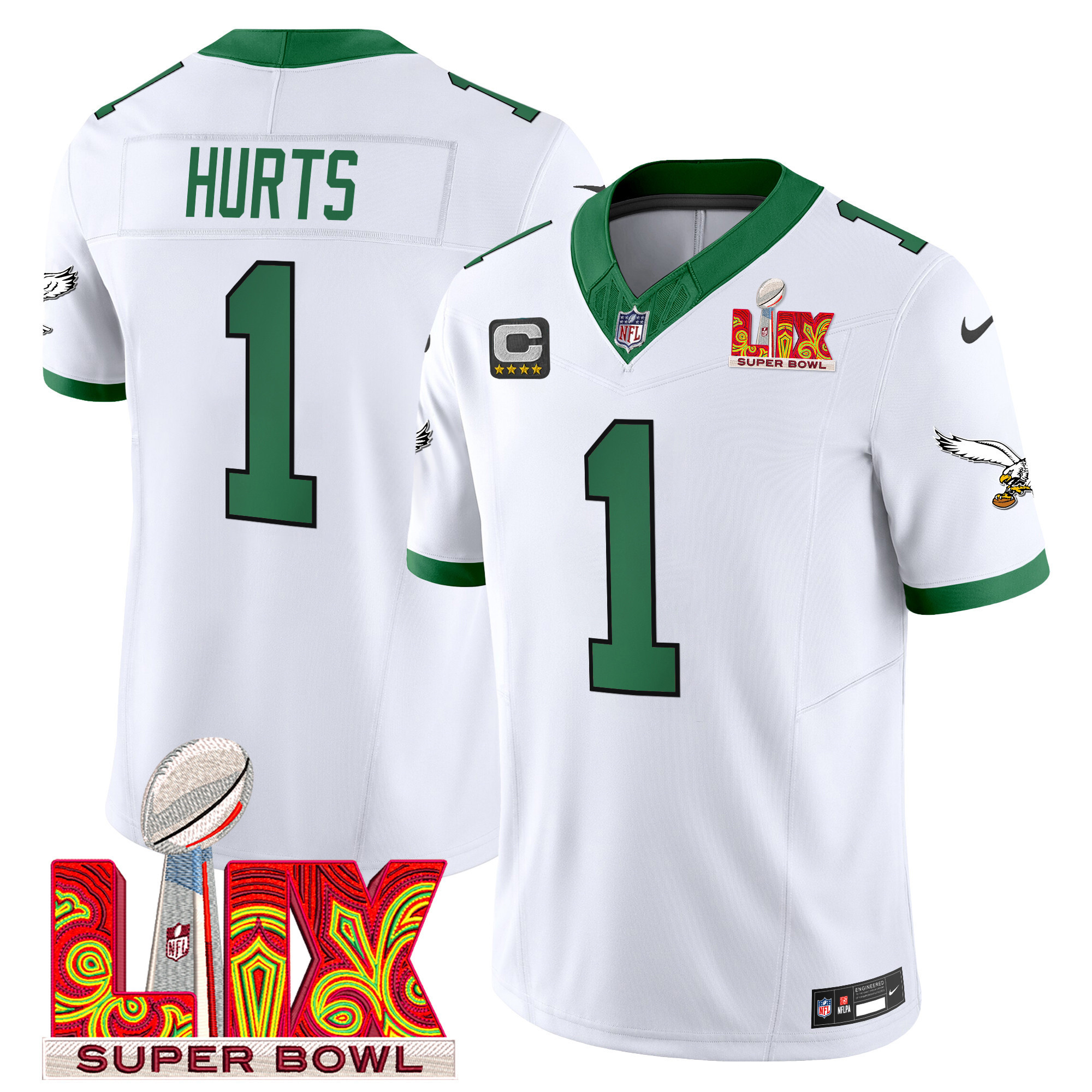 Men's Jalen Hurts Philadelphia Eagles Super Bowl LIX Patch Vapor Limited Kelly White Jersey - All Stitched