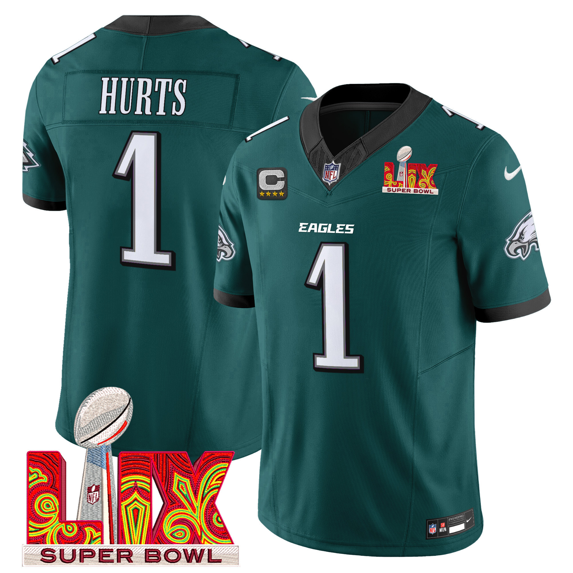 Men's Jalen Hurts Philadelphia Eagles Super Bowl LIX Patch Vapor Limited Midnight Green Jersey - All Stitched