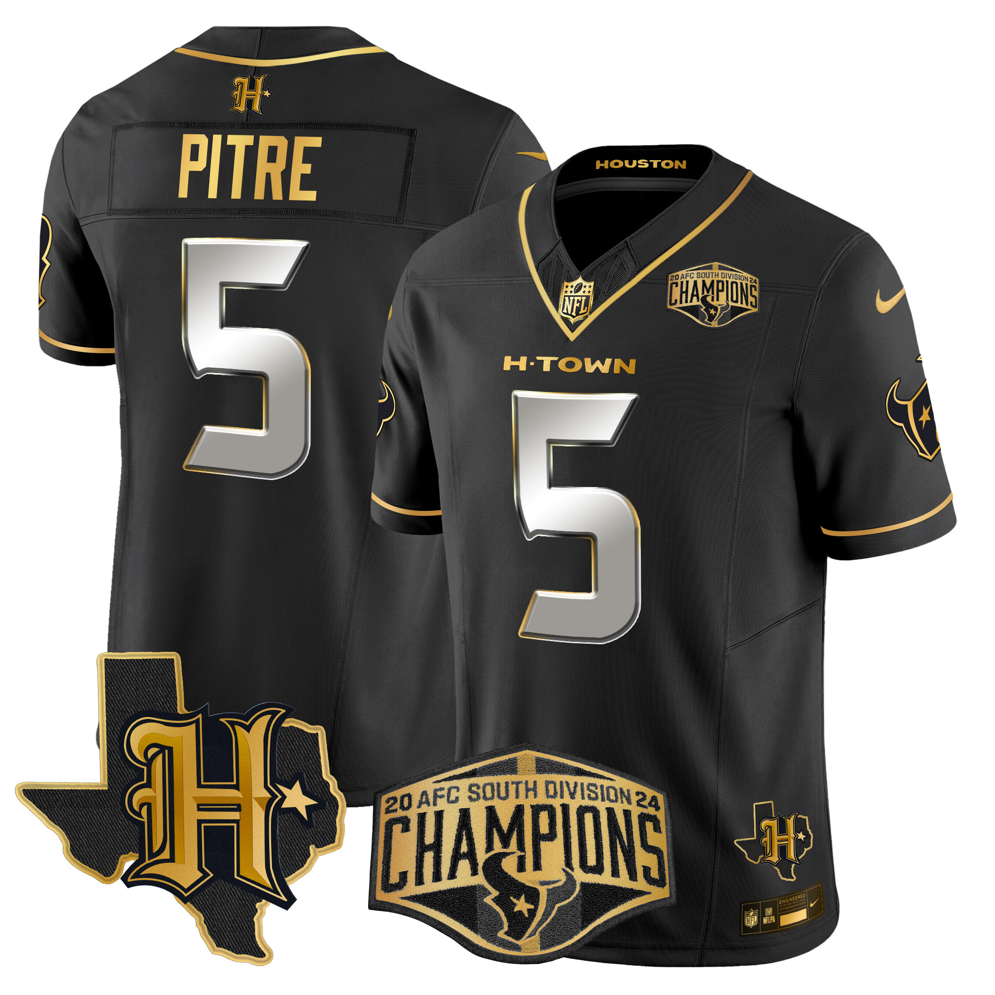 Men's Jalen Pitre Houston Texans 2024 AFC South Division Champions Patch Gold Vapor Limited Black Limited Jersey - All Stitched