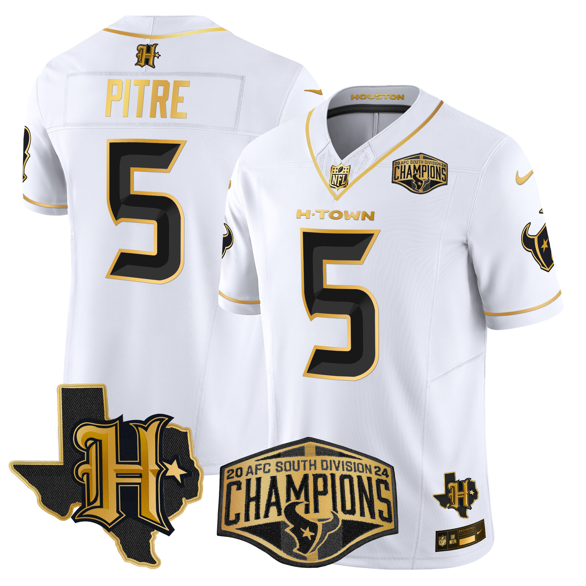Men's Jalen Pitre Houston Texans 2024 AFC South Division Champions Patch Gold Vapor Limited White Gold Jersey - All Stitched