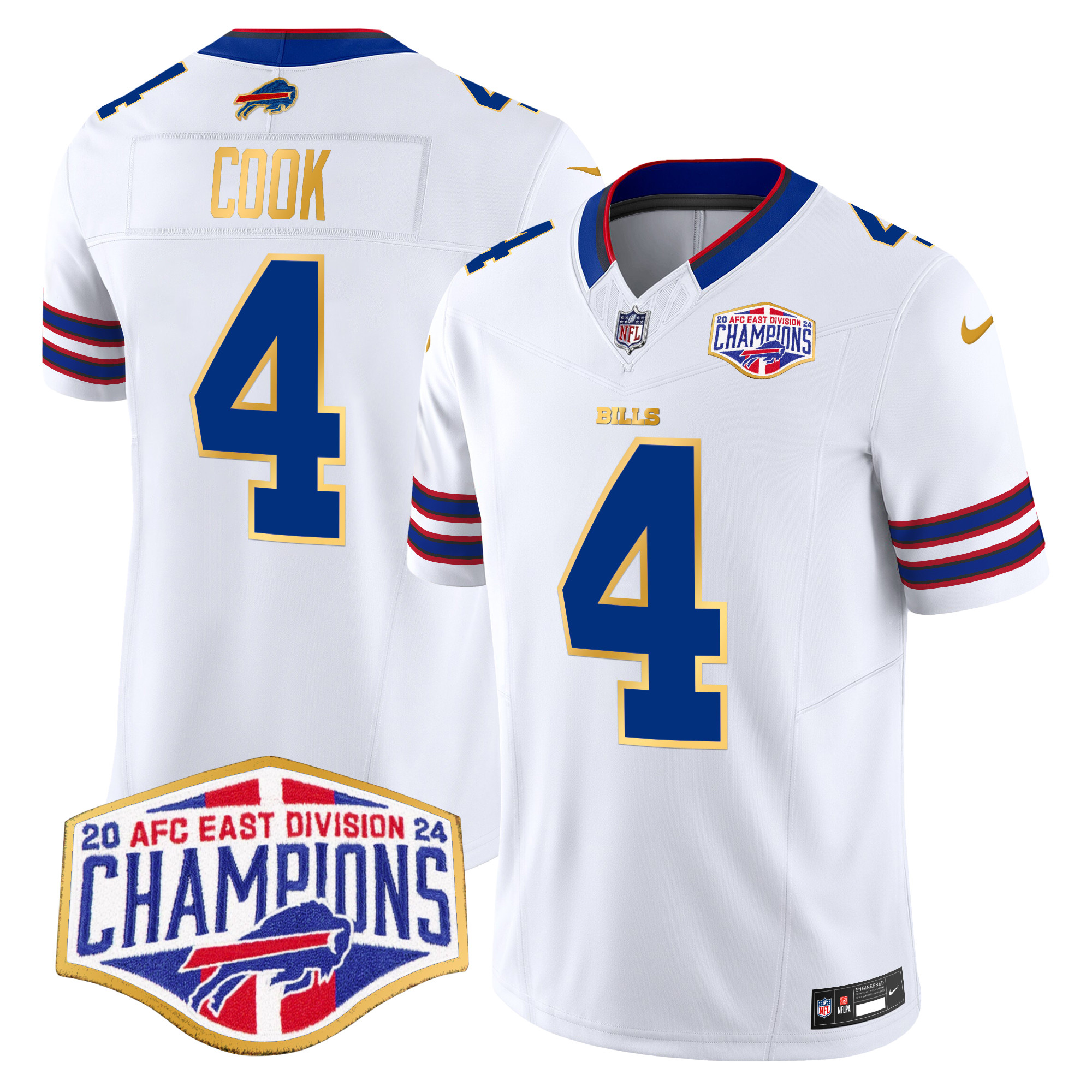 Men's James Cook Buffalo Bills 2024 AFC East Division Champions Gold Trim Vapor Limited White Jersey - All Stitched