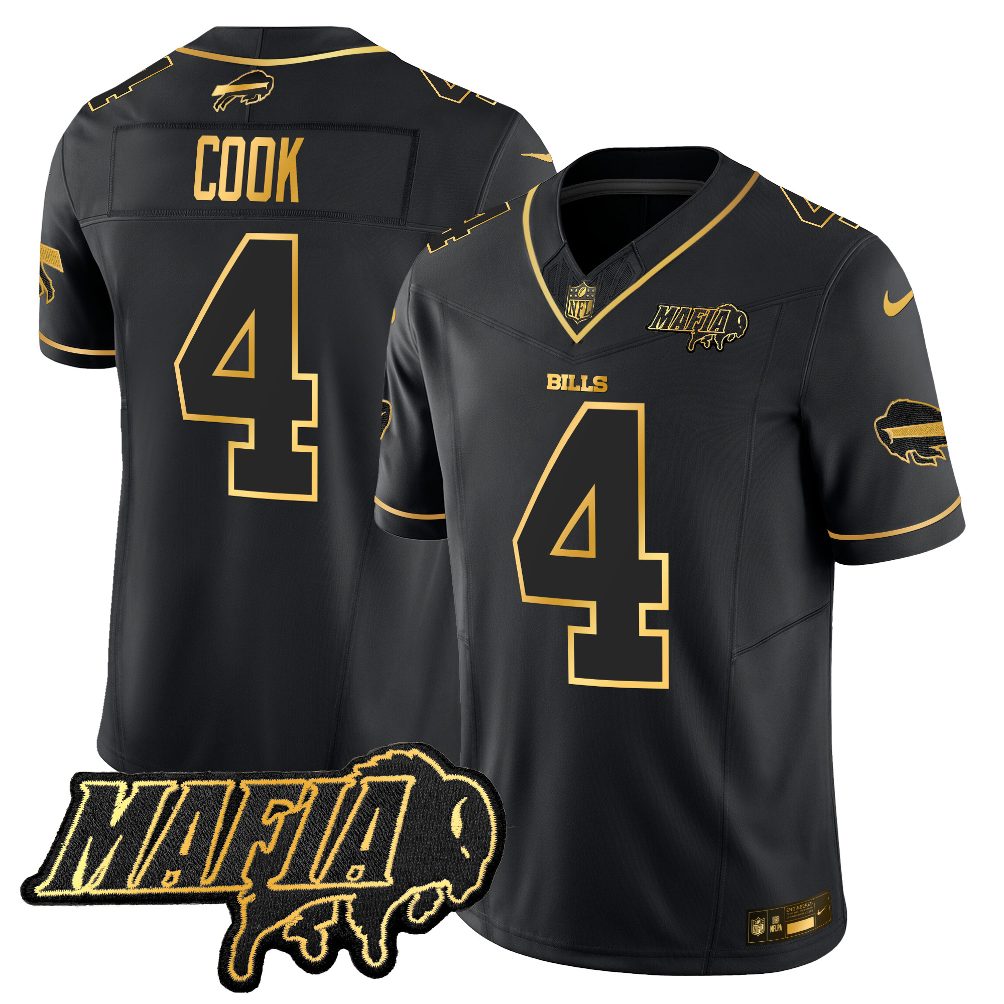 Men's James Cook Buffalo Bills 2024 Buffalo Bills Mafia Patch Gold Vapor Limited Black Gold Jersey - All Stitched