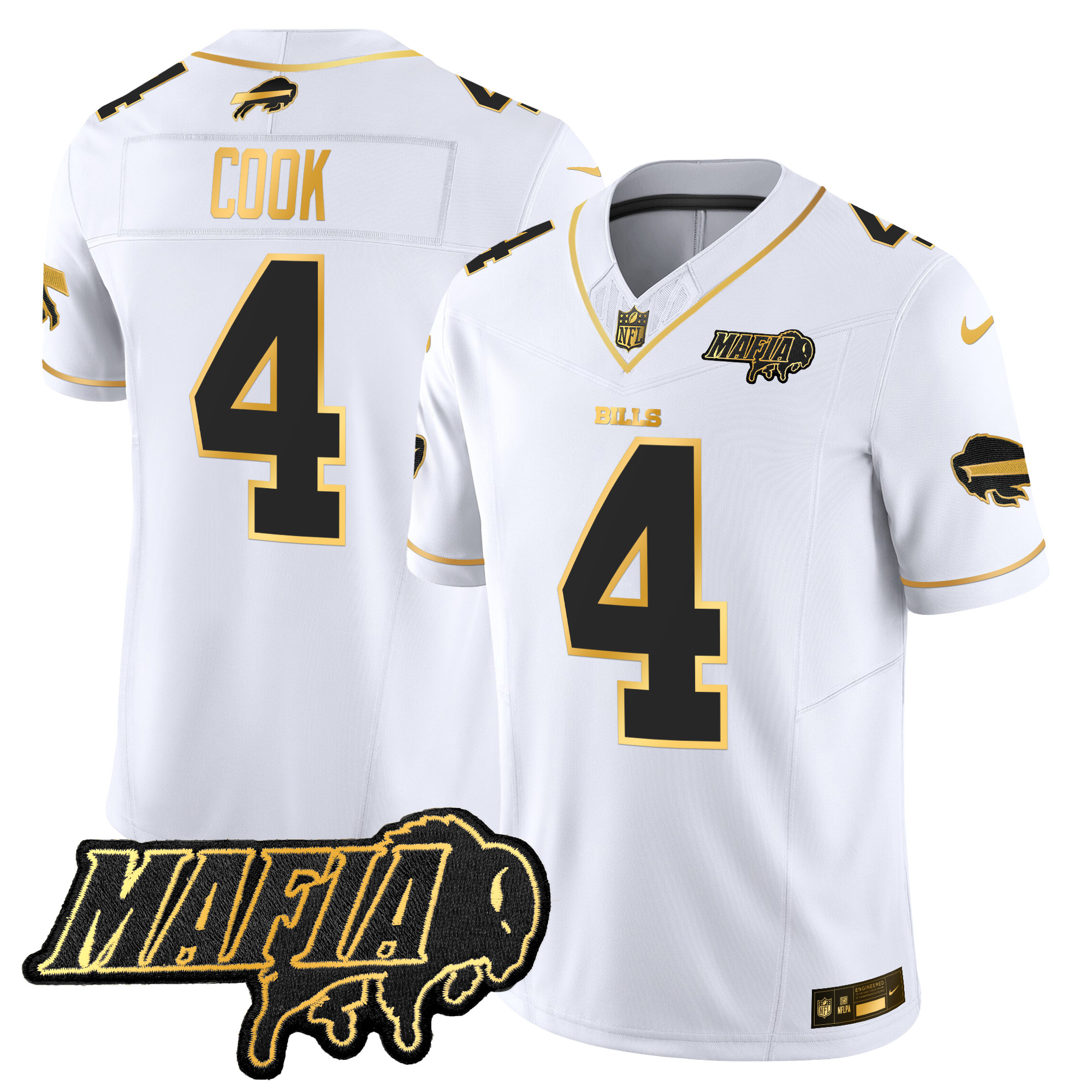 Men's James Cook Buffalo Bills 2024 Buffalo Bills Mafia Patch Gold Vapor Limited White Gold Jersey - All Stitched