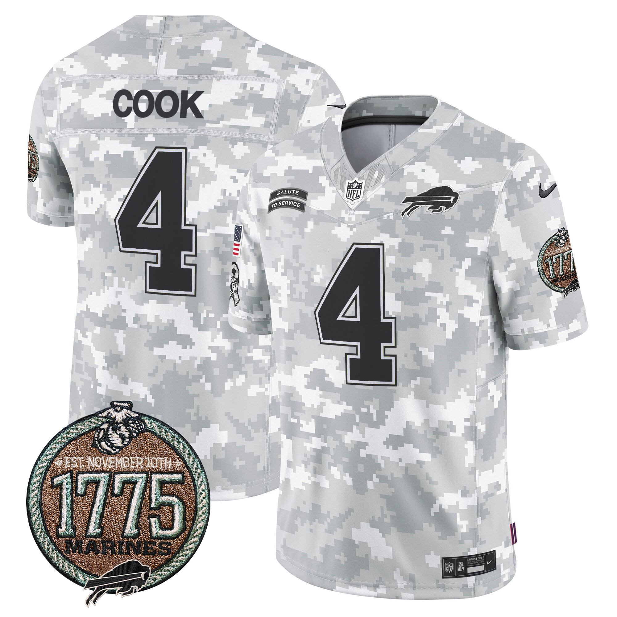 Men's James Cook Buffalo Bills 2024 Salute to Service Establishment Year Patch Vapor Limited Marines Jersey - All Stitched