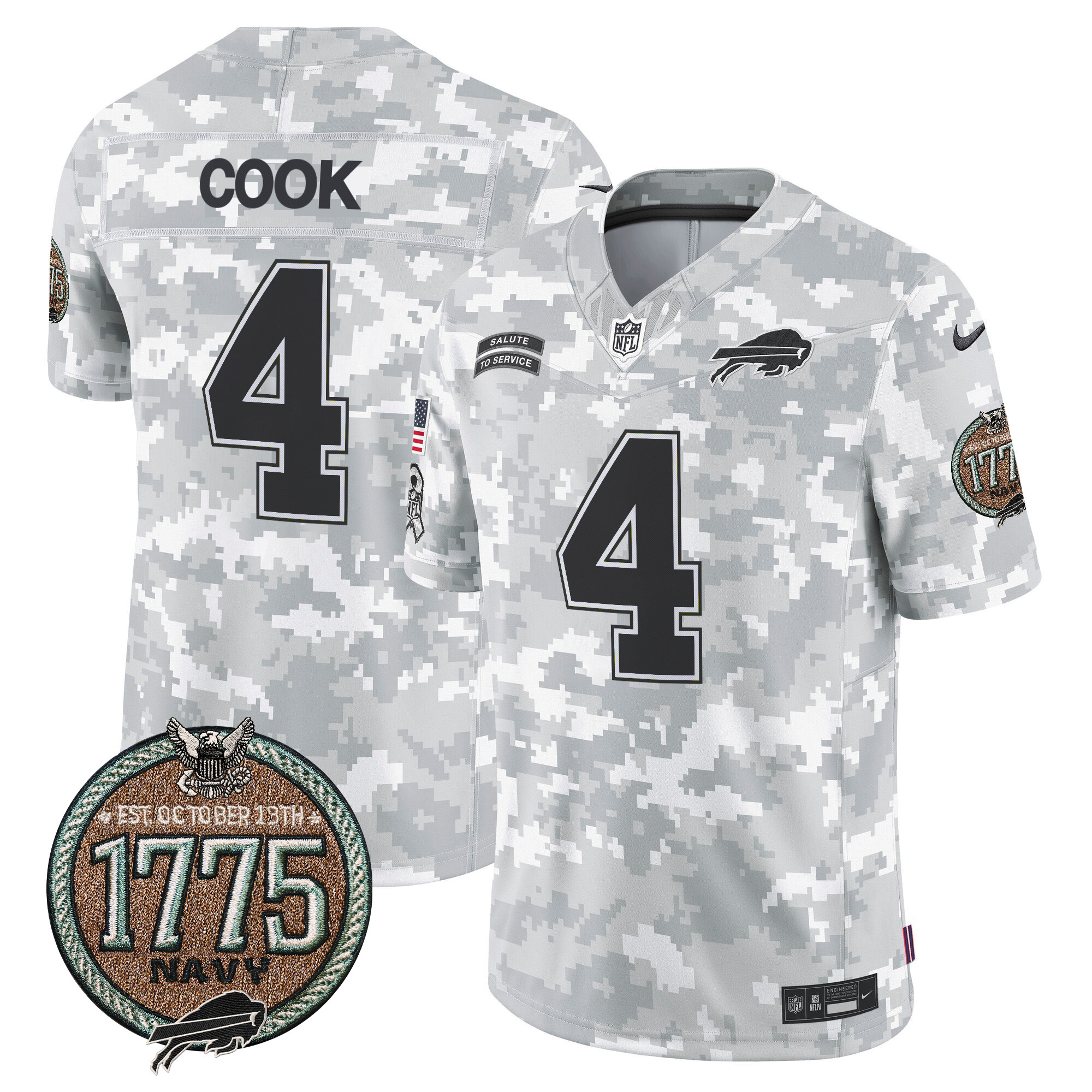Men's James Cook Buffalo Bills 2024 Salute to Service Establishment Year Patch Vapor Limited Navy Jersey - All Stitched