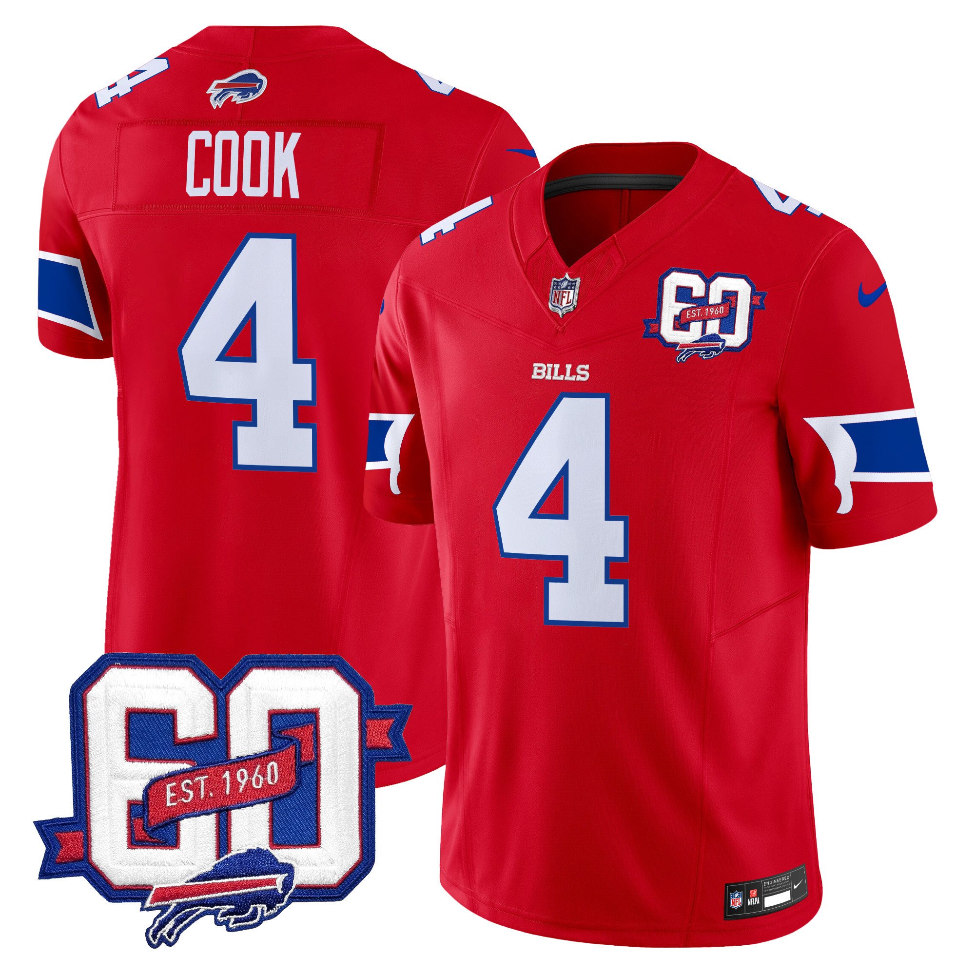 Men's James Cook Buffalo Bills 60th Anniversary Patch Vapor Limited Red Jersey - All Stitched