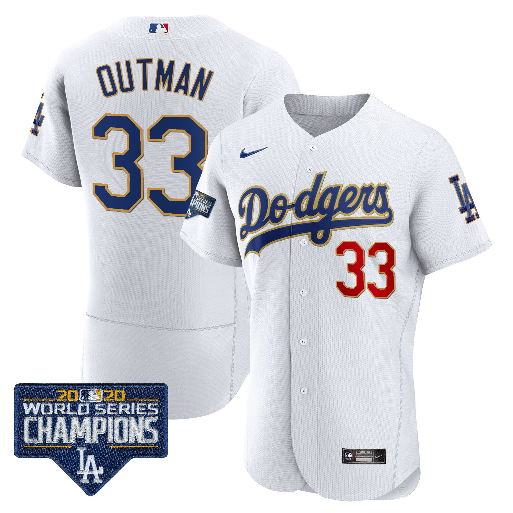 Men's James Outman Los Angeles Dodgers World Series Champions Patch Flex Base Gold Trim White Jersey - All Stitched