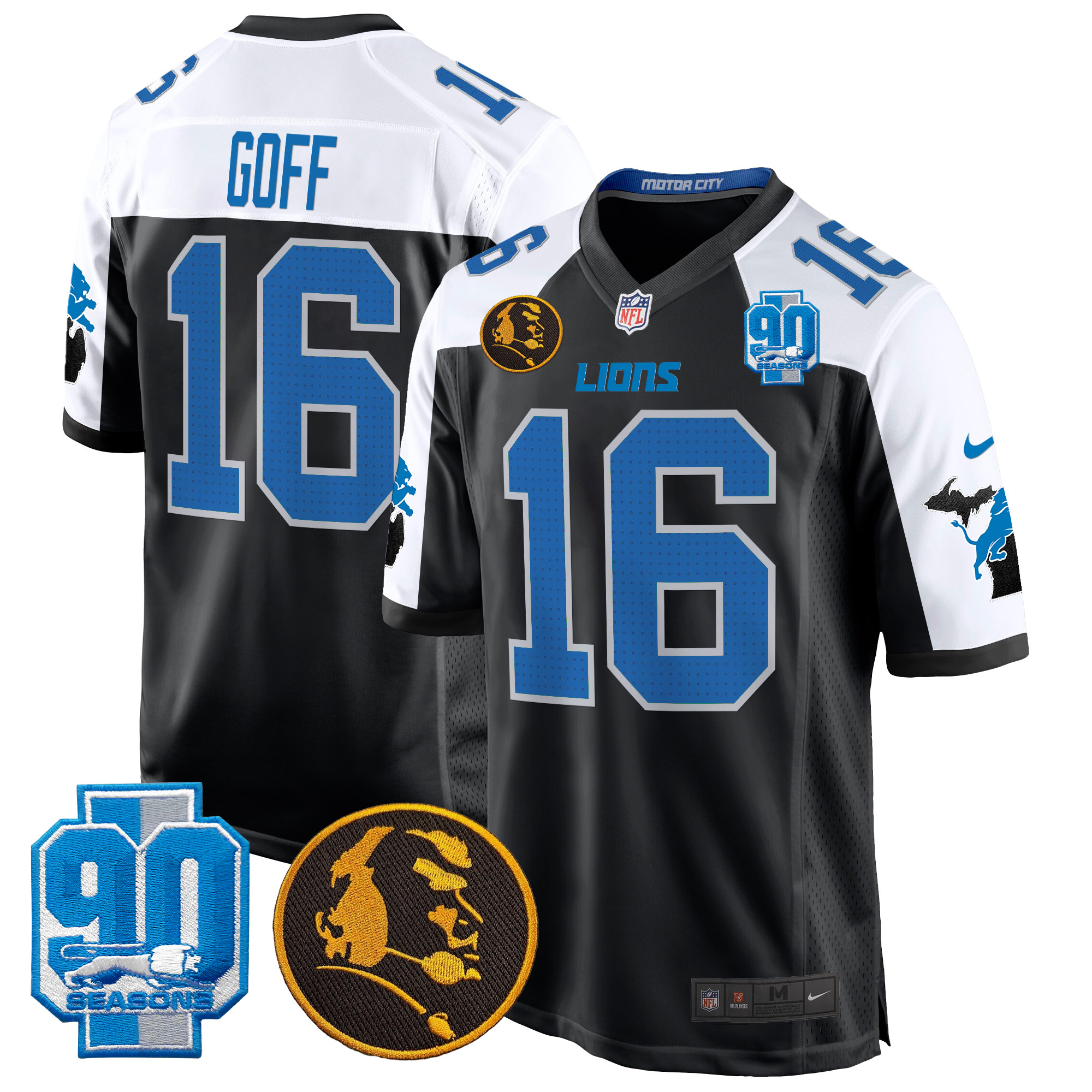 Men's Jared Goff Detroit Lions 2024 90th & John Madden Patch Game Alternate Jersey - All Stitched