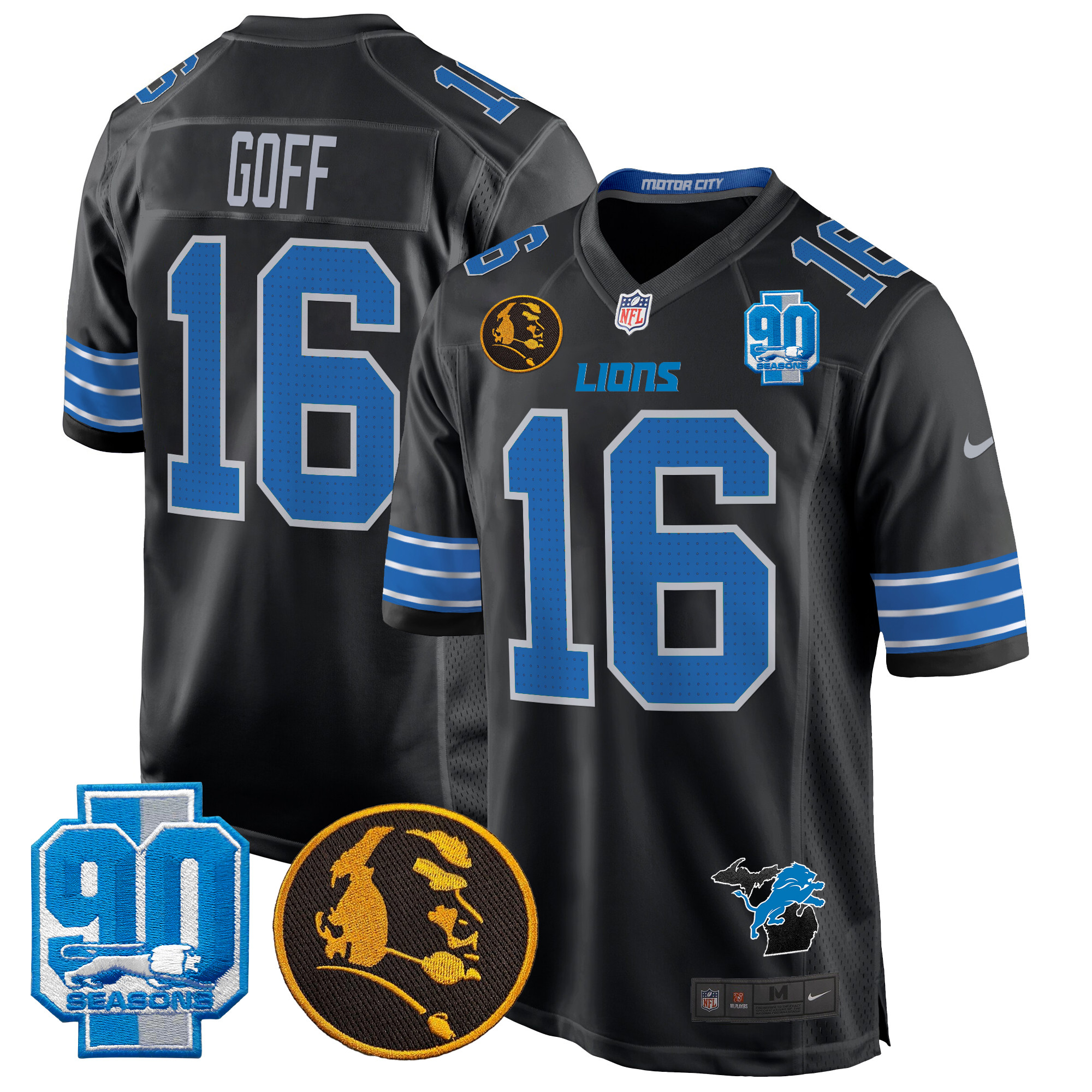 Men's Jared Goff Detroit Lions 2024 90th & John Madden Patch Game Black Jersey - All Stitched