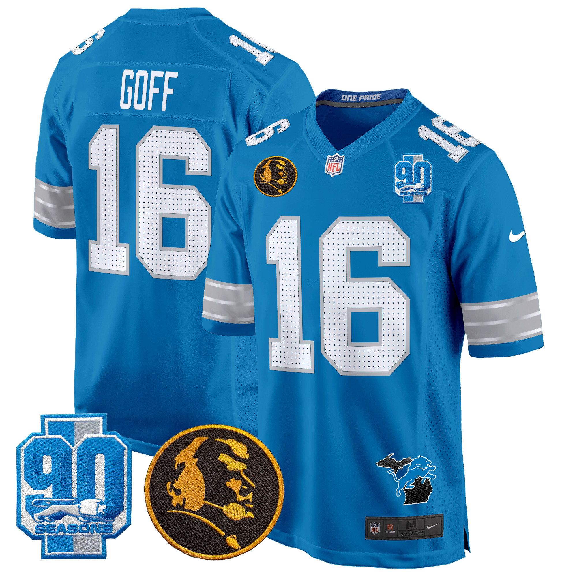 Men's Jared Goff Detroit Lions 2024 90th & John Madden Patch Game Blue Jersey - All Stitched