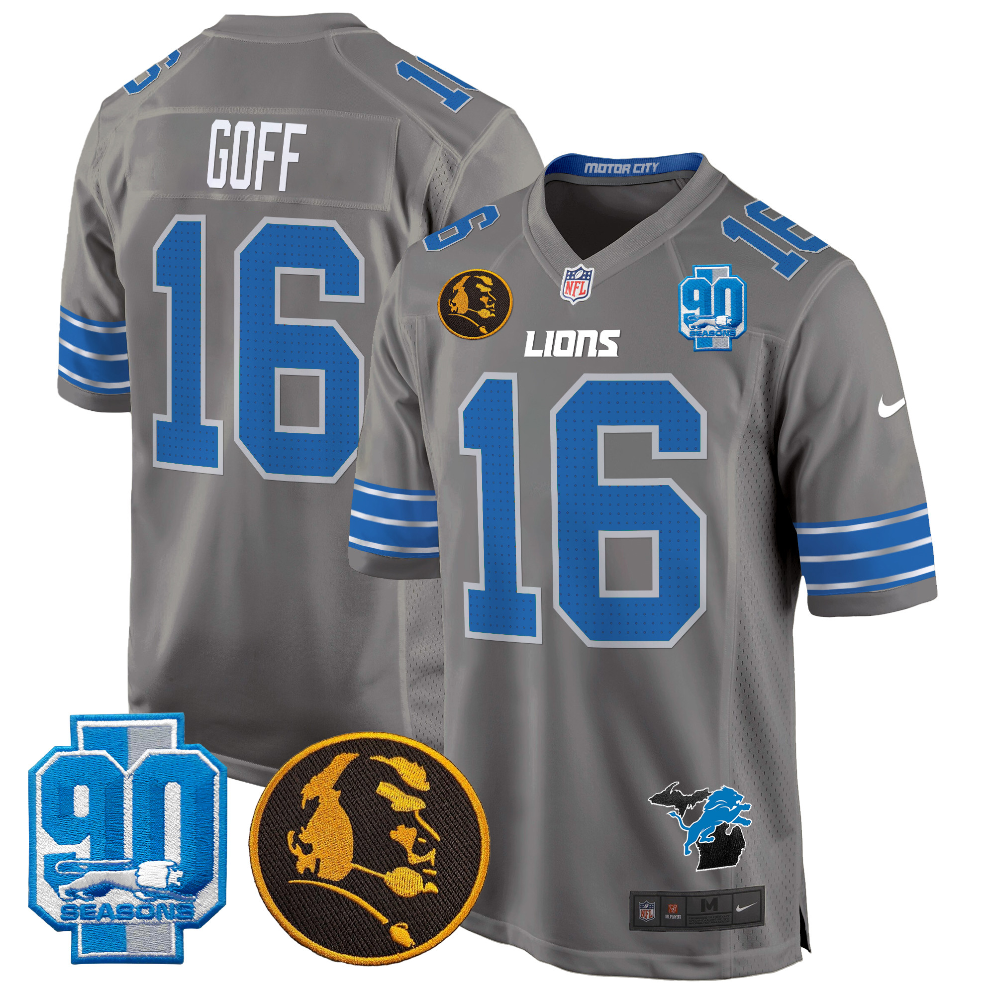 Men's Jared Goff Detroit Lions 2024 90th & John Madden Patch Game Gray Jersey - All Stitched