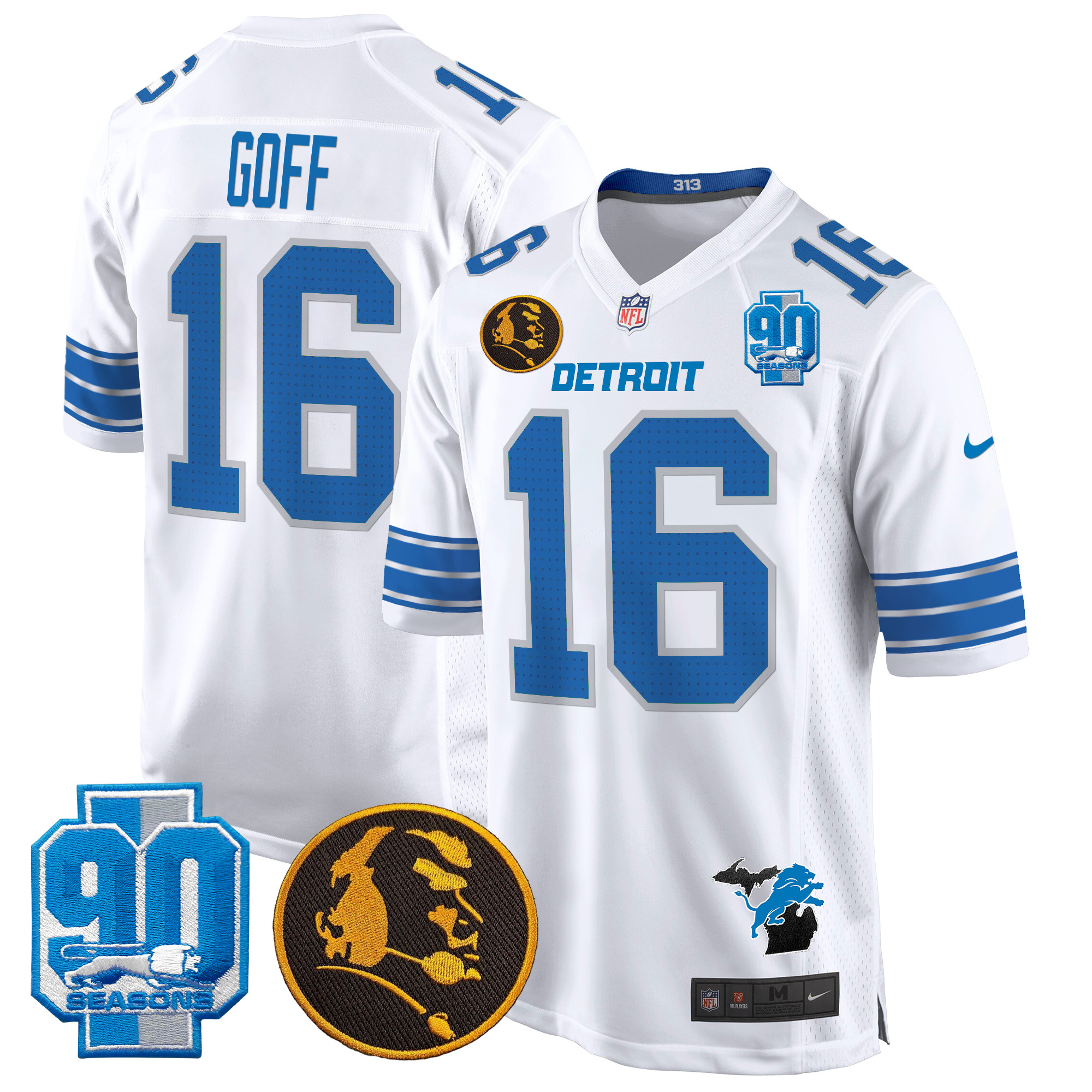 Men's Jared Goff Detroit Lions 2024 90th & John Madden Patch Game White Jersey - All Stitched
