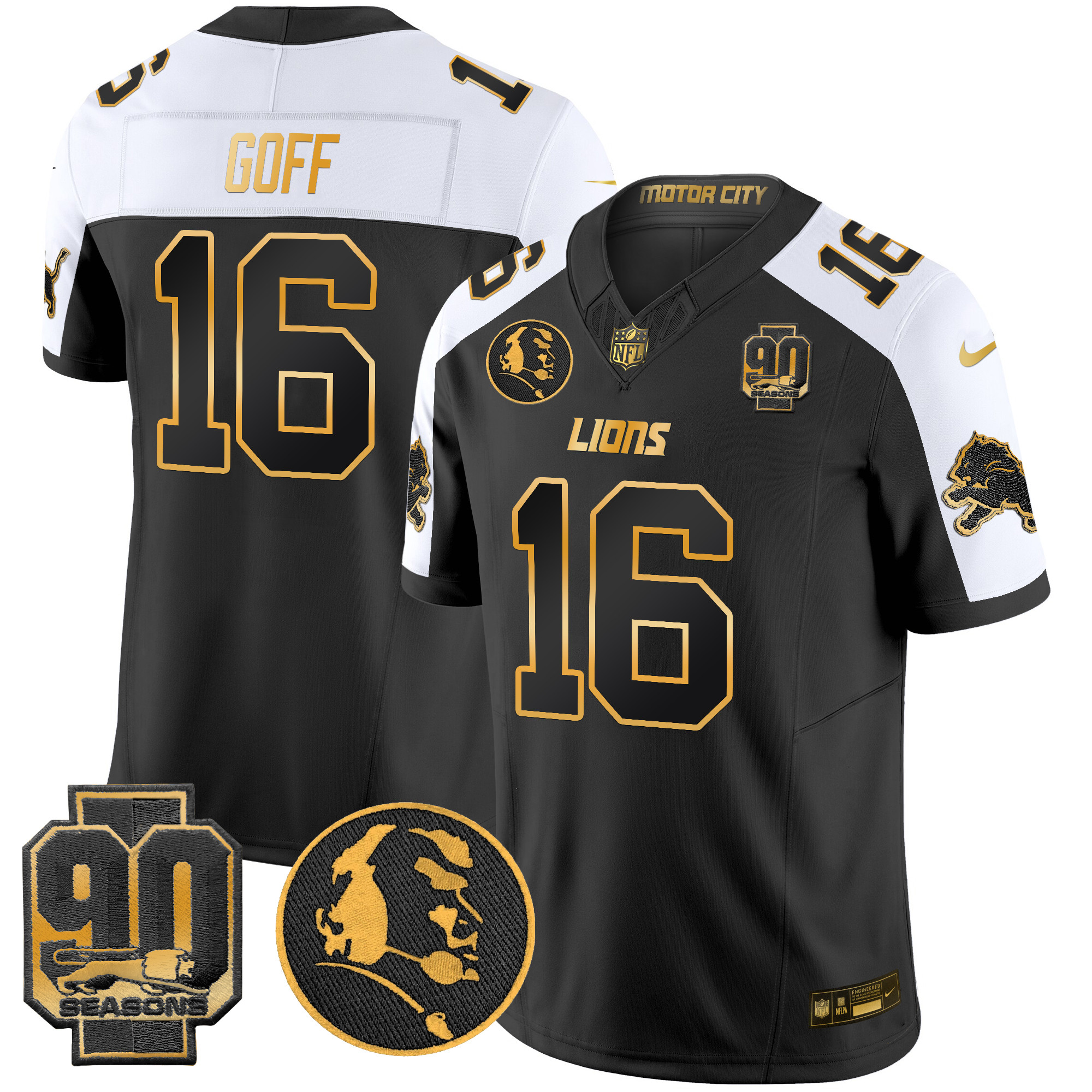 Men's Jared Goff Detroit Lions 2024 90th & John Madden Patch Gold Vapor Limited Alternate Jersey - All Stitched