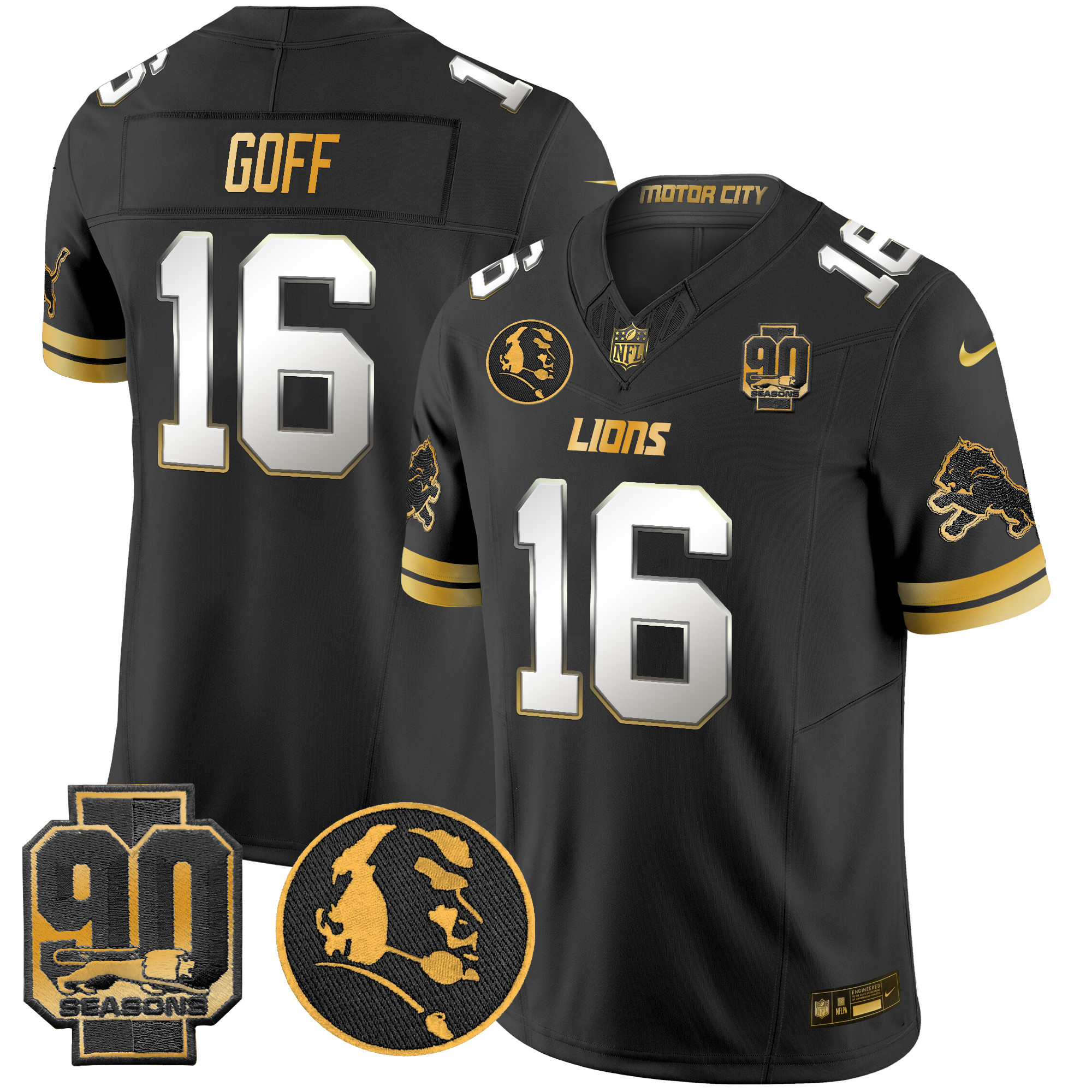 Men's Jared Goff Detroit Lions 2024 90th & John Madden Patch Gold Vapor Limited Black Limited Jersey - All Stitched
