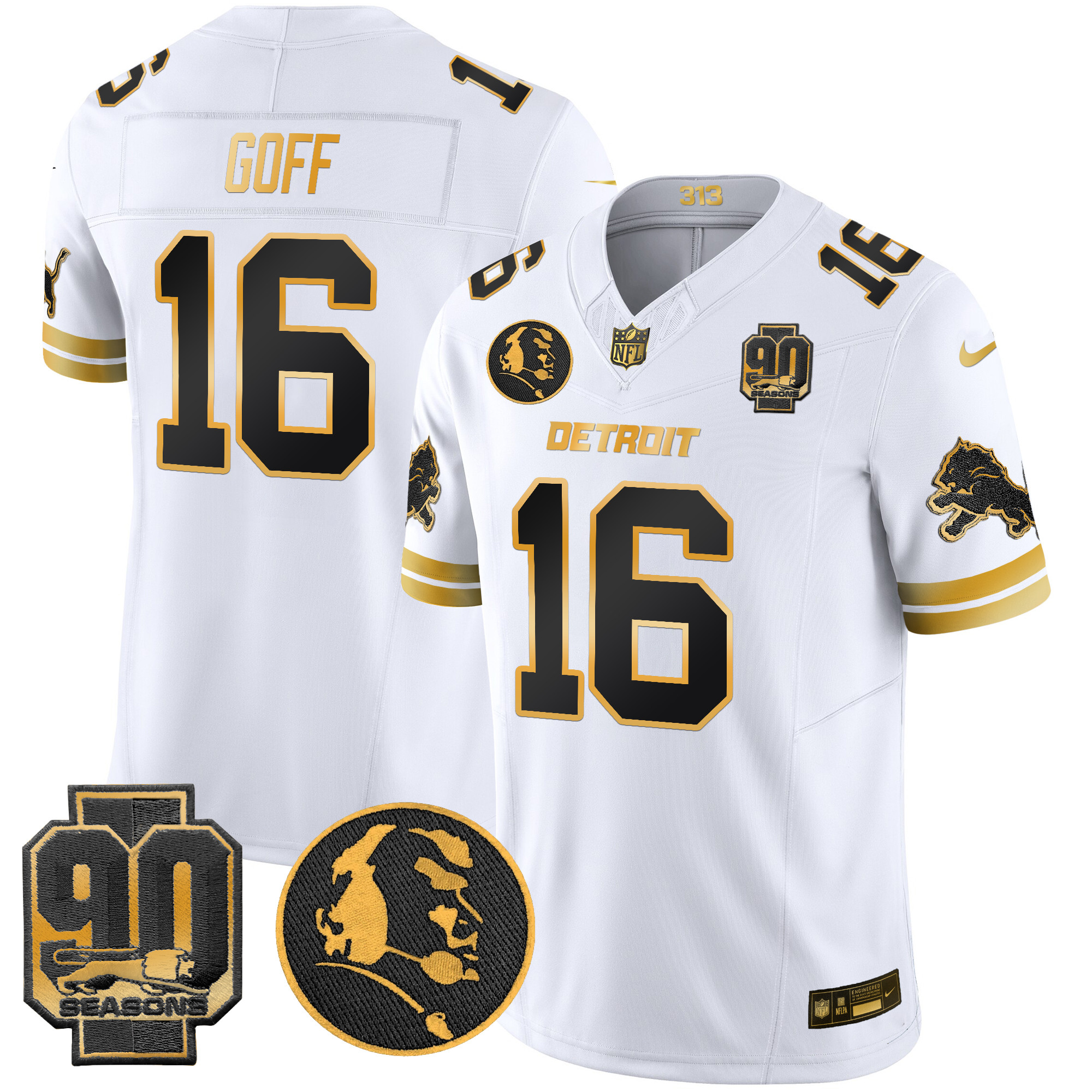 Men's Jared Goff Detroit Lions 2024 90th & John Madden Patch Gold Vapor Limited White Gold Jersey - All Stitched