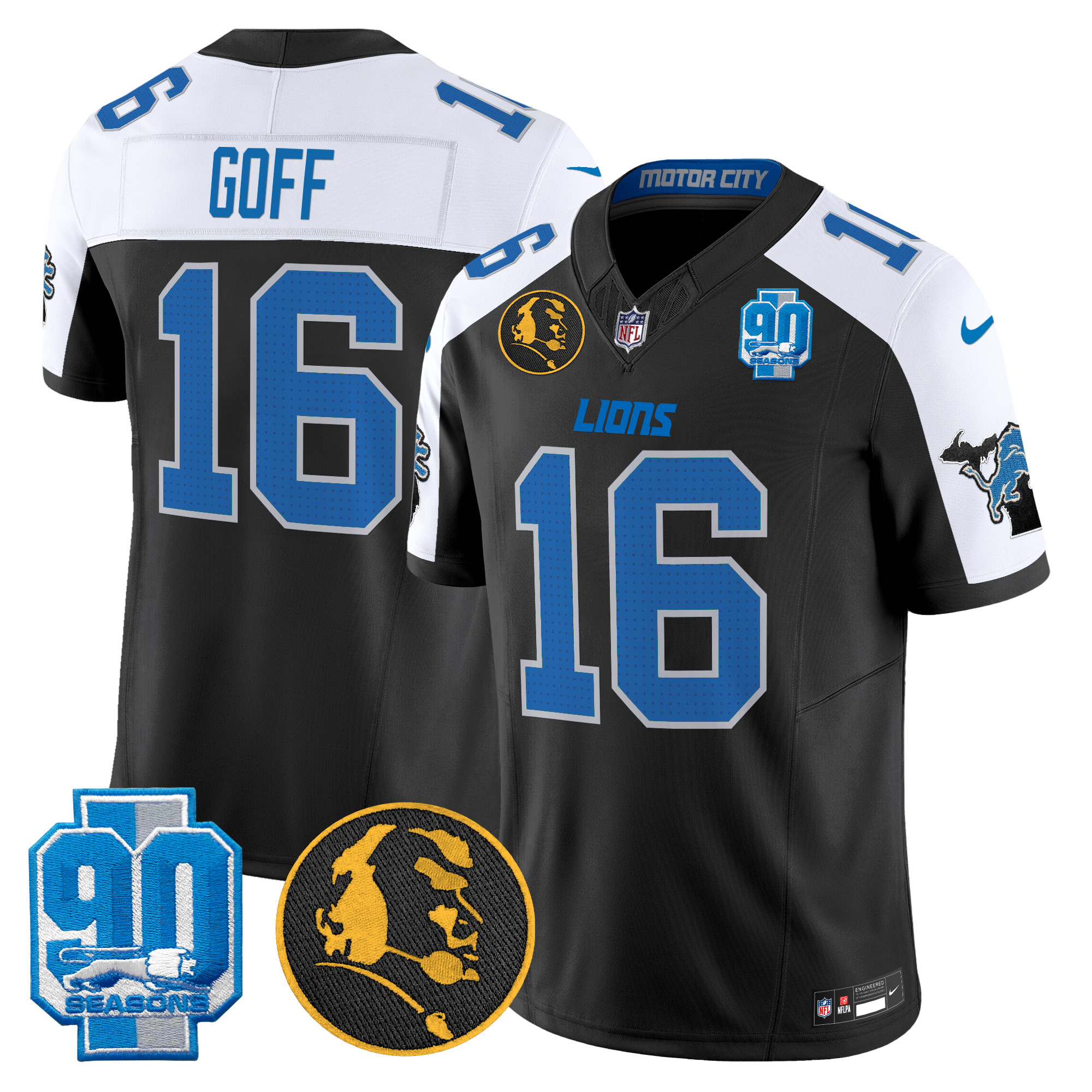Men's Jared Goff Detroit Lions 2024 90th & John Madden Patch Vapor Limited Alternate Jersey - All Stitched