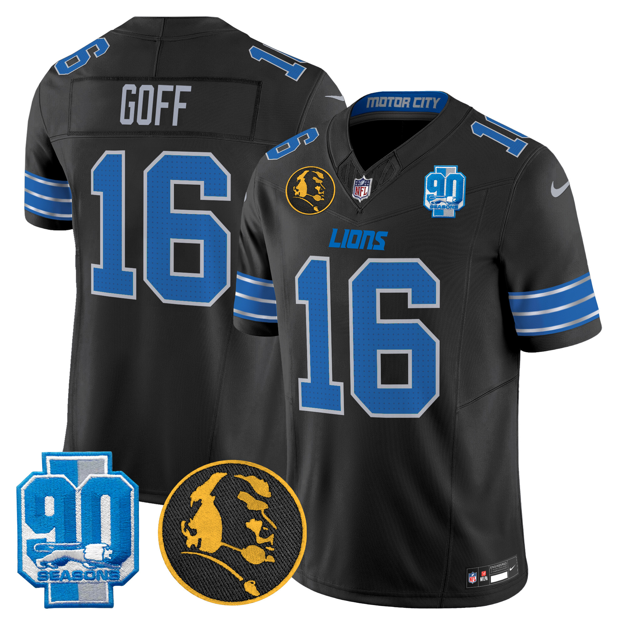 Men's Jared Goff Detroit Lions 2024 90th & John Madden Patch Vapor Limited Black Jersey - All Stitched