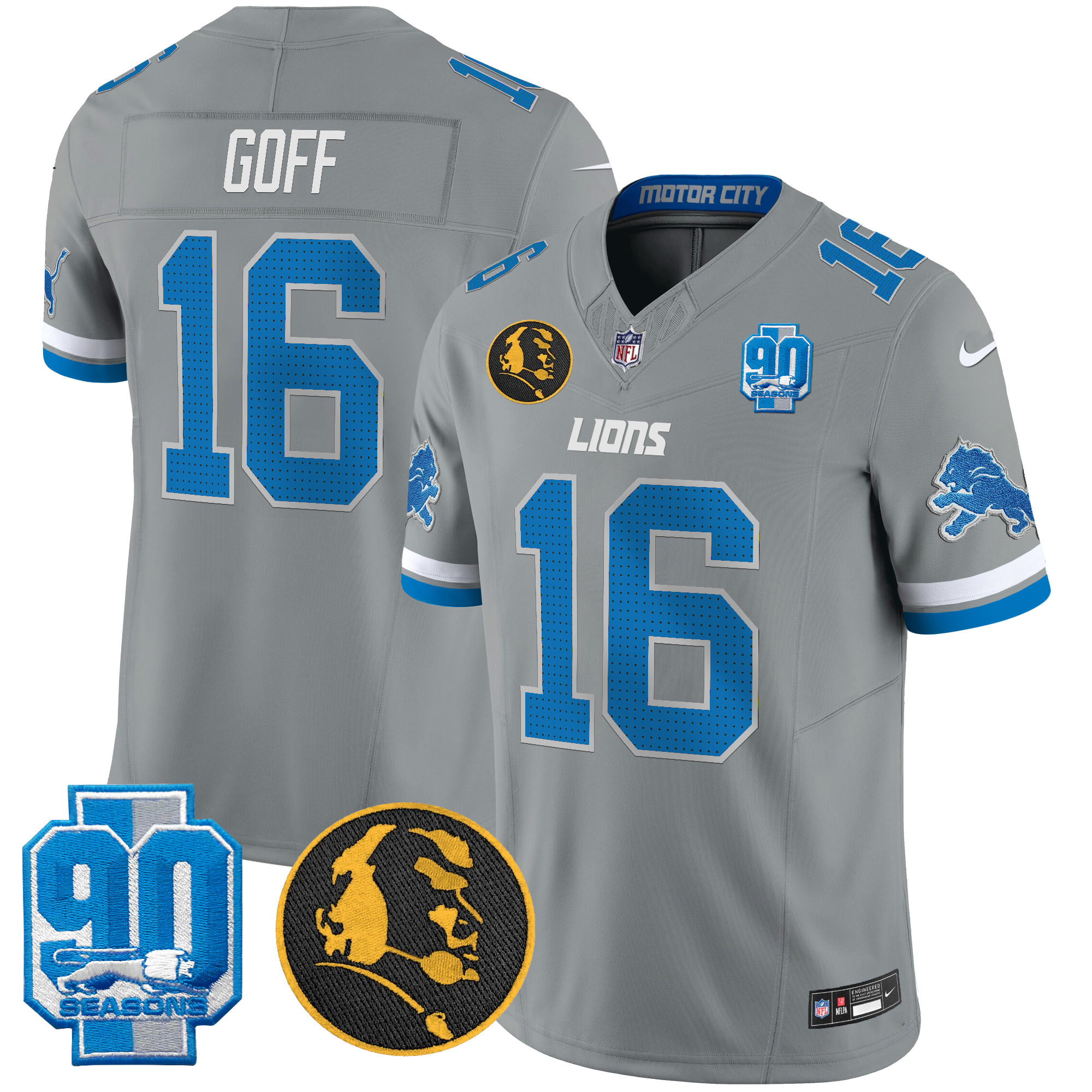 Men's Jared Goff Detroit Lions 2024 90th & John Madden Patch Vapor Limited Gray Jersey - All Stitched