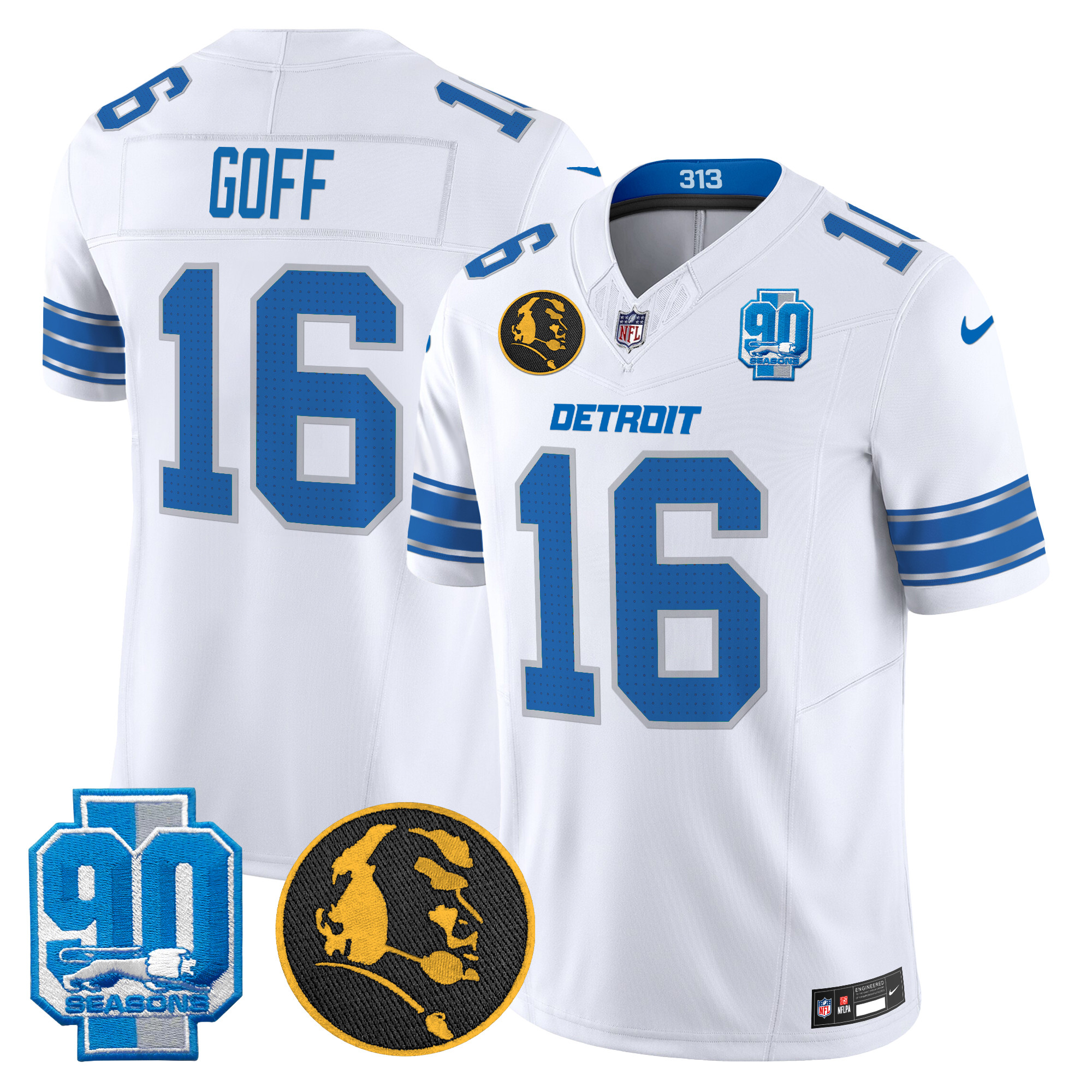Men's Jared Goff Detroit Lions 2024 90th & John Madden Patch Vapor Limited White Jersey - All Stitched