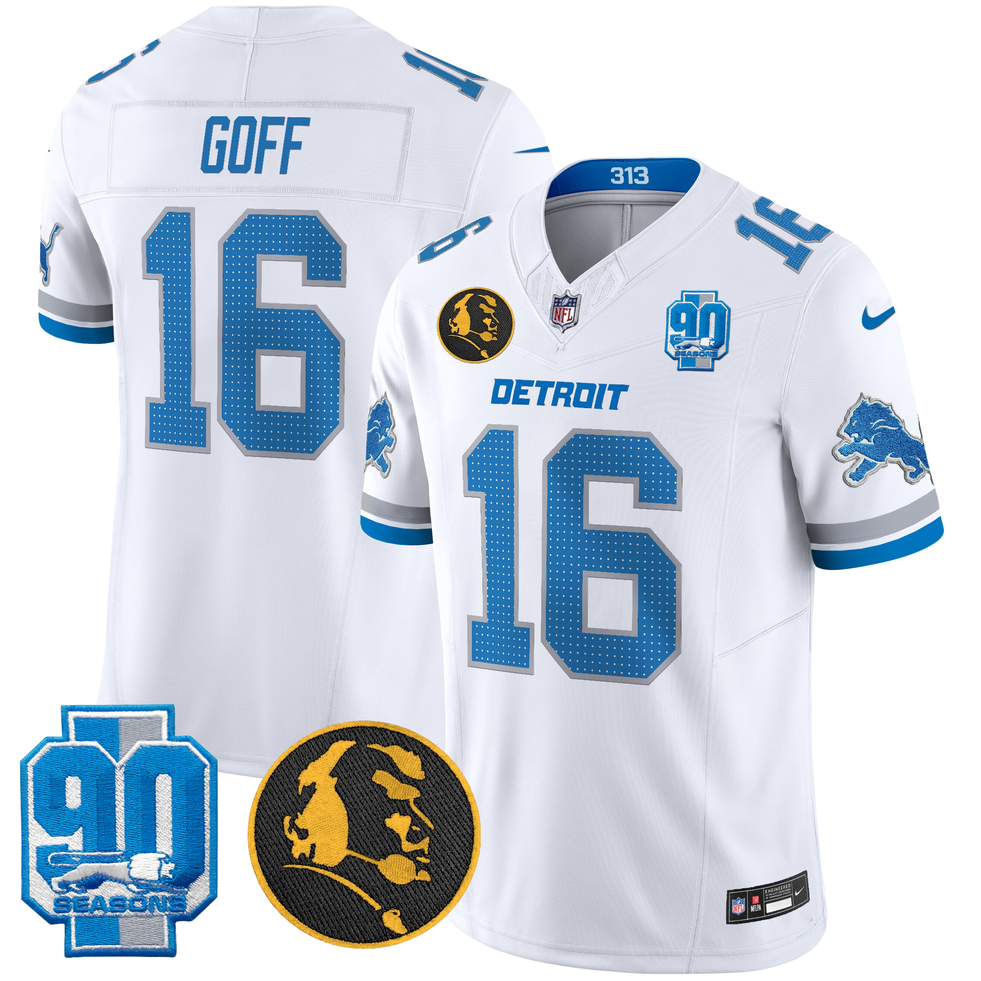 Men's Jared Goff Detroit Lions 2024 90th & John Madden Patch Vapor Limited White Jersey - All Stitched