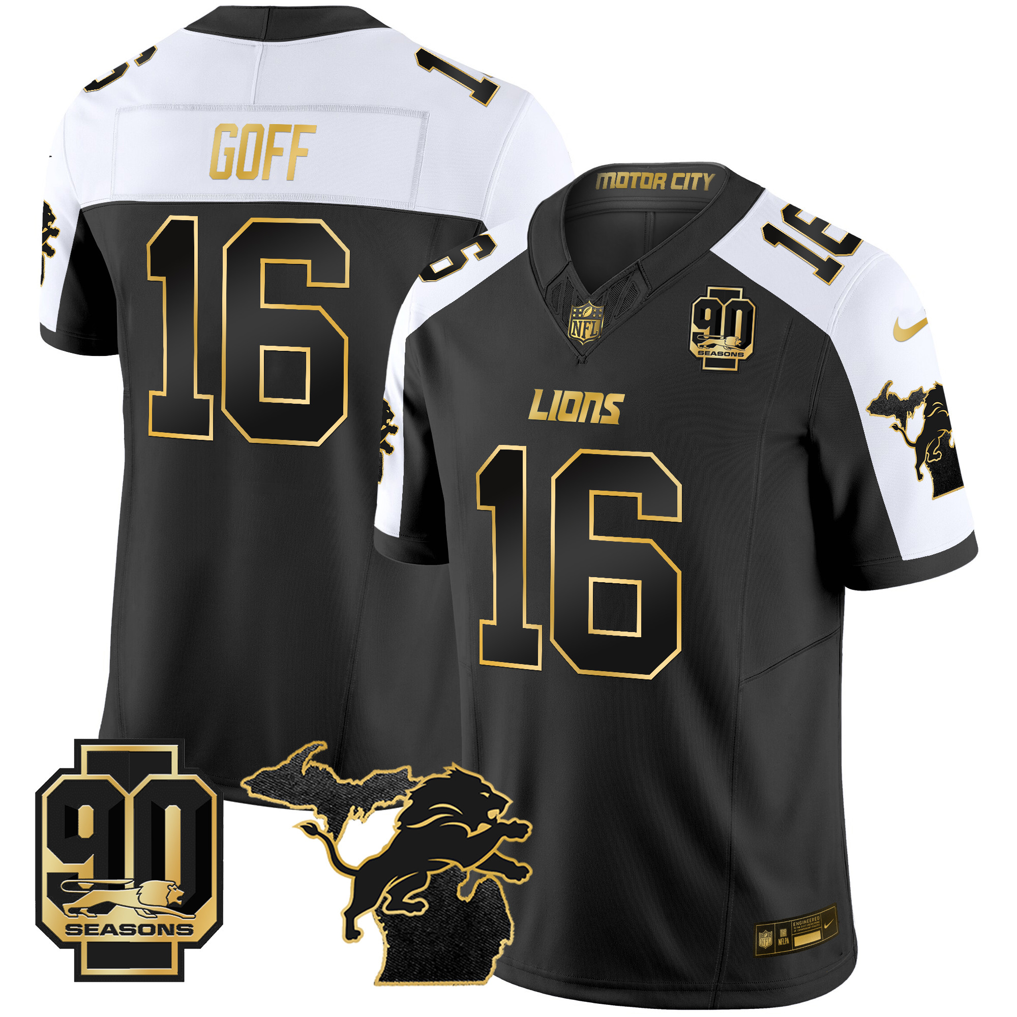 Men's Jared Goff Detroit Lions 2024 Michigan & 90th Season Patch Gold Vapor Limited Alternate Jersey - All Stitched