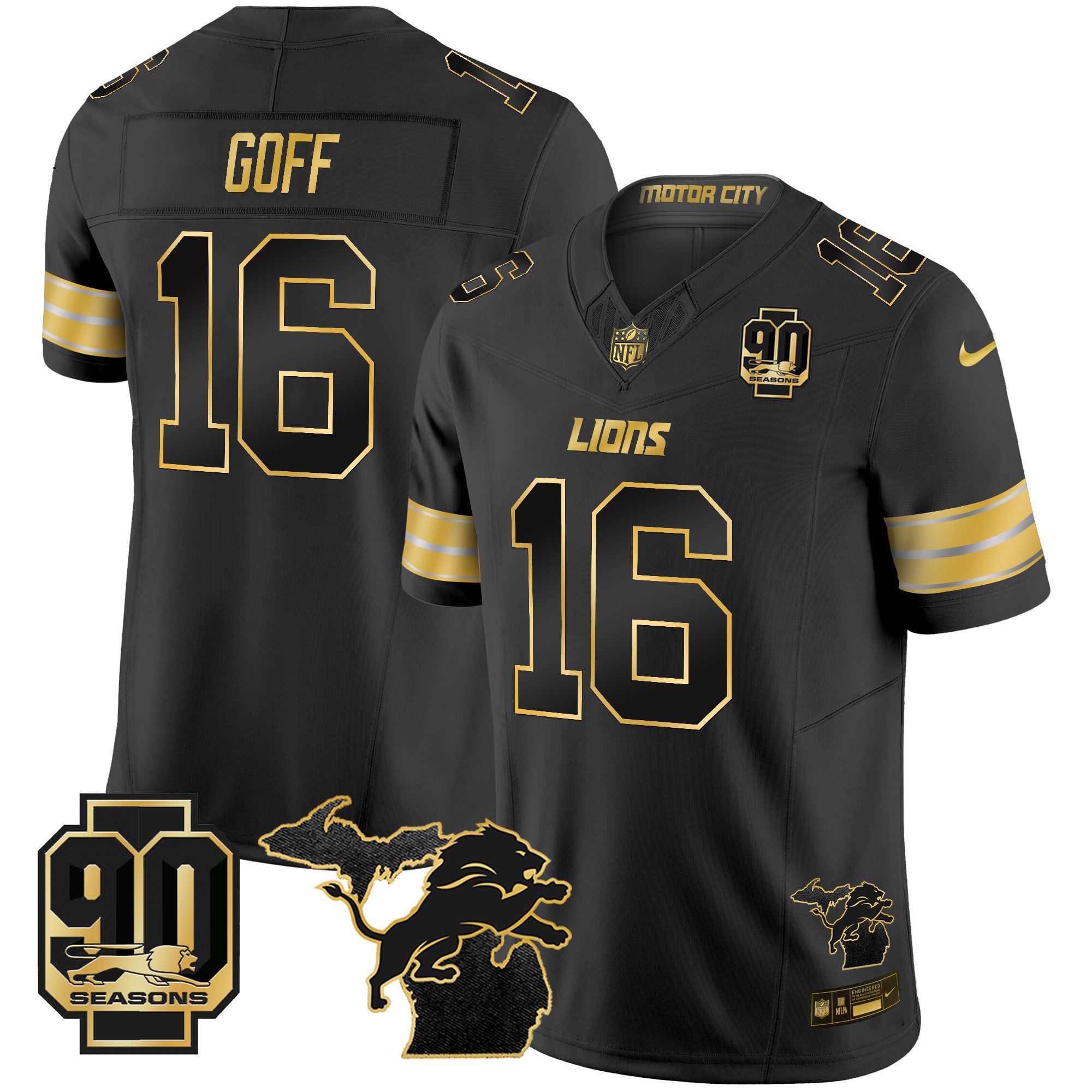 Men's Jared Goff Detroit Lions 2024 Michigan & 90th Season Patch Gold Vapor Limited Black Gold Jersey - All Stitched